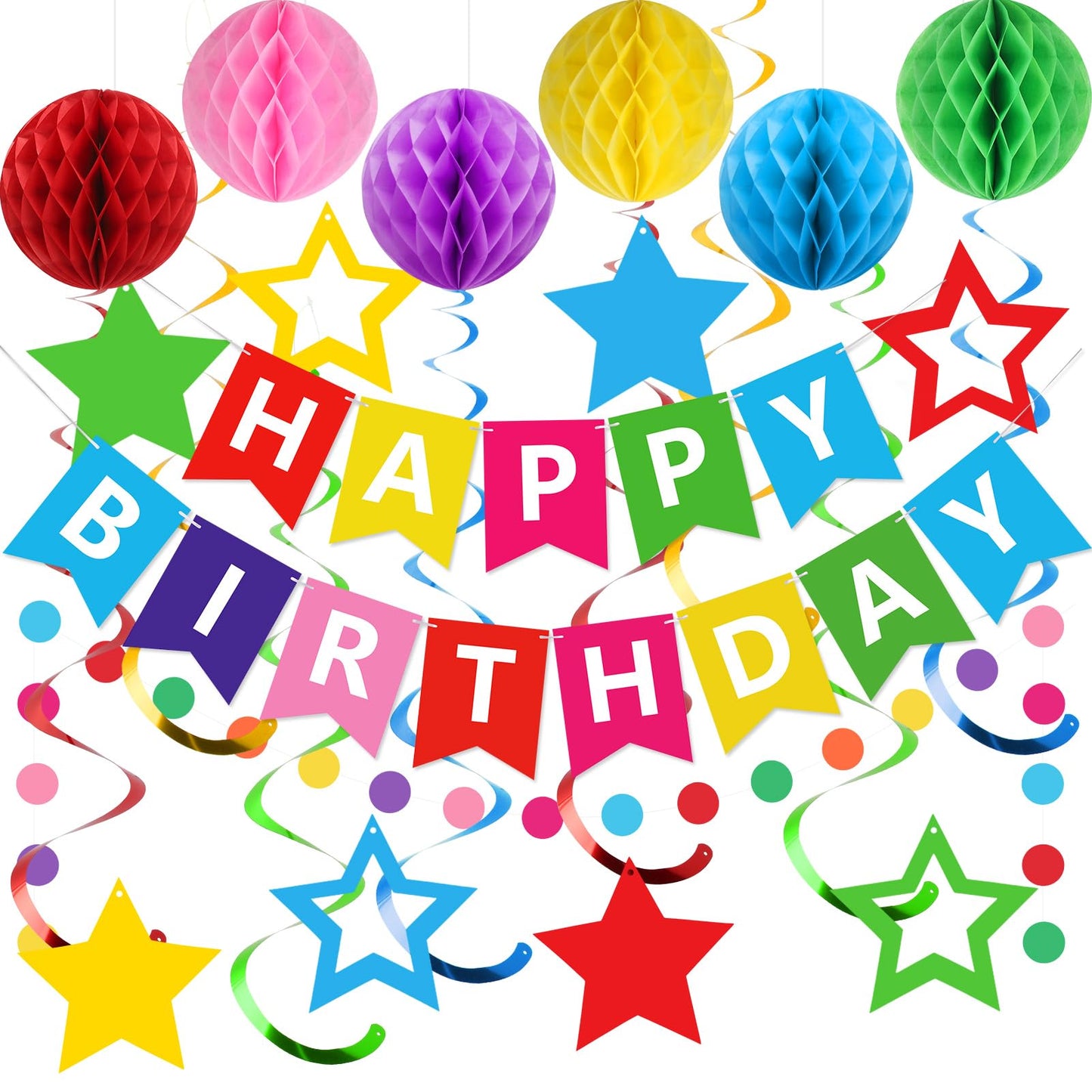 Hotmeowtastic Birthday Decorations Happy Birthday Banner with Honeycomb Balls | 16pcs Birthday Set: 1 Banner+6 Honeycomb Balls+8 Star Spirals+1 Circle Dots, Happy Birthday Decor - Blue