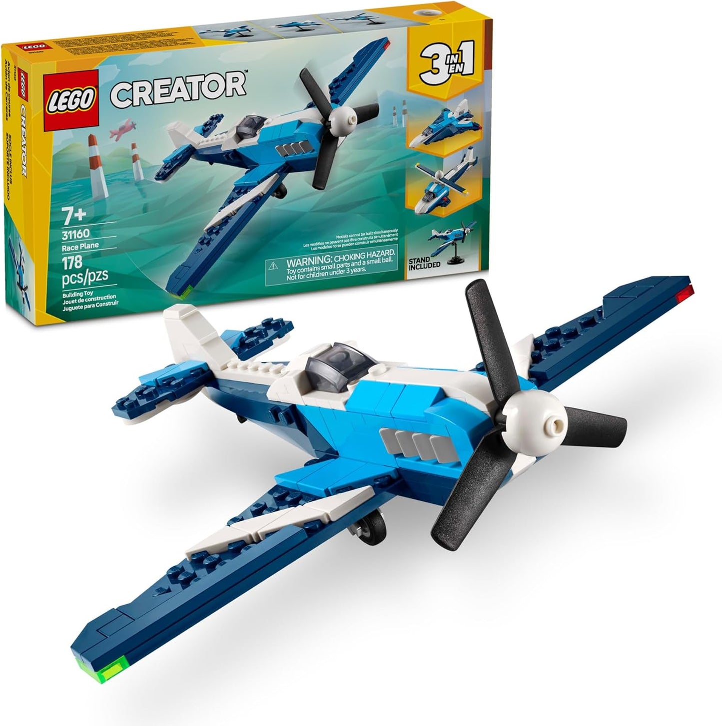 HotLEGO Creator 3 in 1 Aircraft Race Plane Toy - Building Toy with 3 Building Options, Airplane, Fighter Jet, or Helicopter - Gift Idea for Kids, Boys and Girls, Ages 7+ - 31160