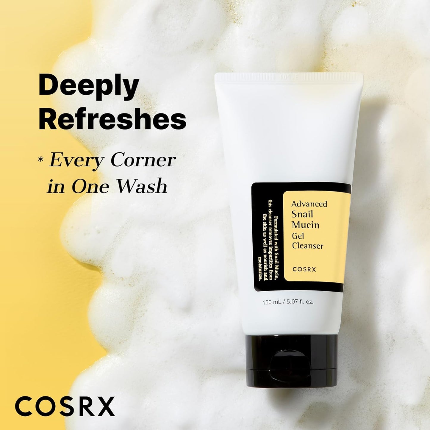 HotCOSRX Advanced Snail Mucin Gel Cleanser, 5.07 Fl Oz / 150 mL, Rich Daily Deep Cleansing Gel Cleanser for Dull, Dry & Sensitive Skin, Korean Skin Care, Korean Face Wash