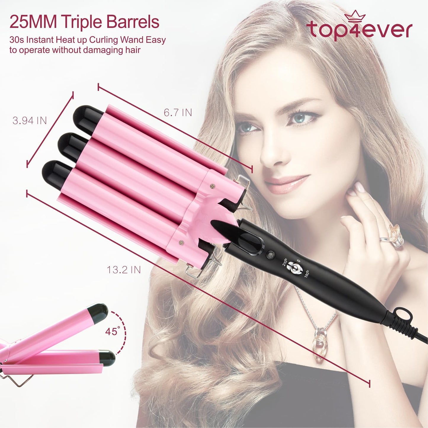 HotTOP4EVER 3 Barrel Curling Iron, 1 inch Crimper Hair Tool,Crimping Waver for Women Beach Waves with Two Temperature Settings, Pink