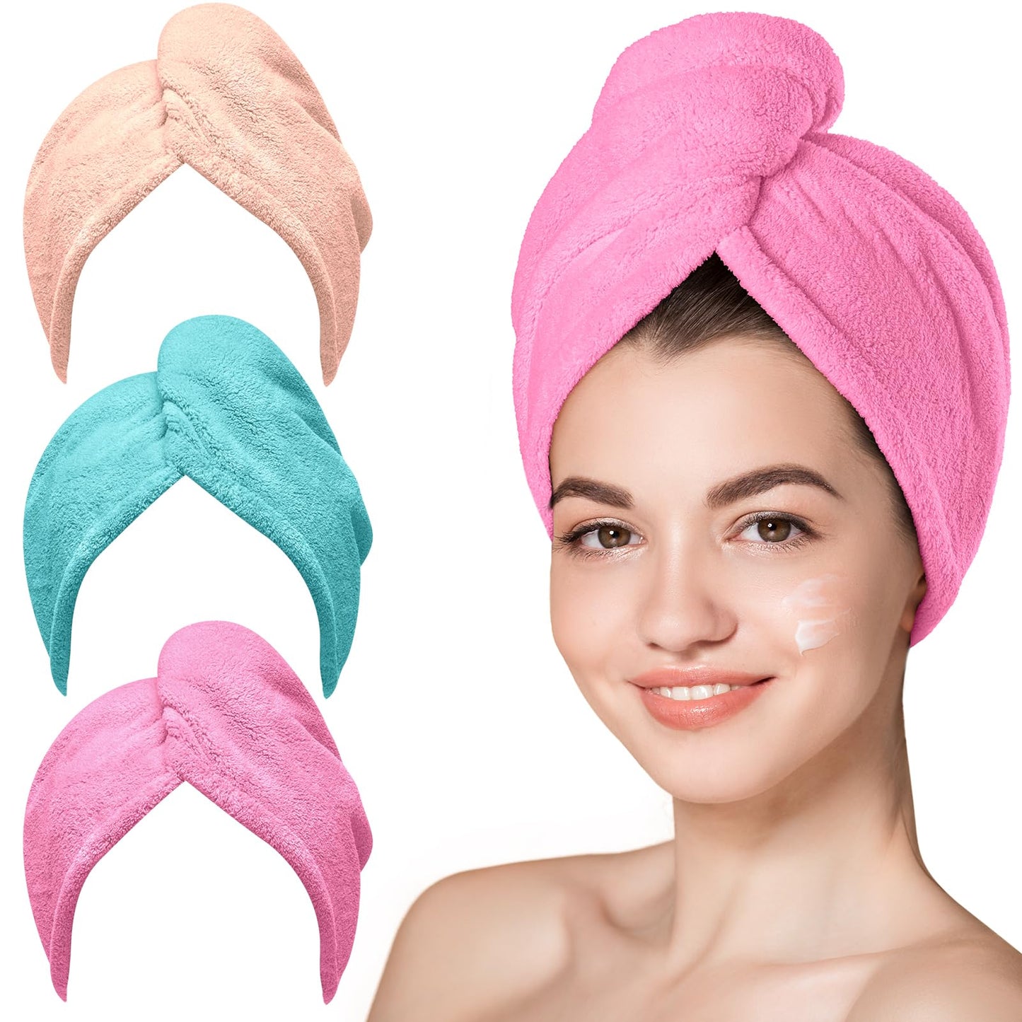 HotHicober Microfiber Hair Towel Wrap, Fast Drying Hair Towels for Women, Soft Lightweight Quick Dry Turban for Curly & Long Hair–3 Pack(Blue/Grey/Pink)