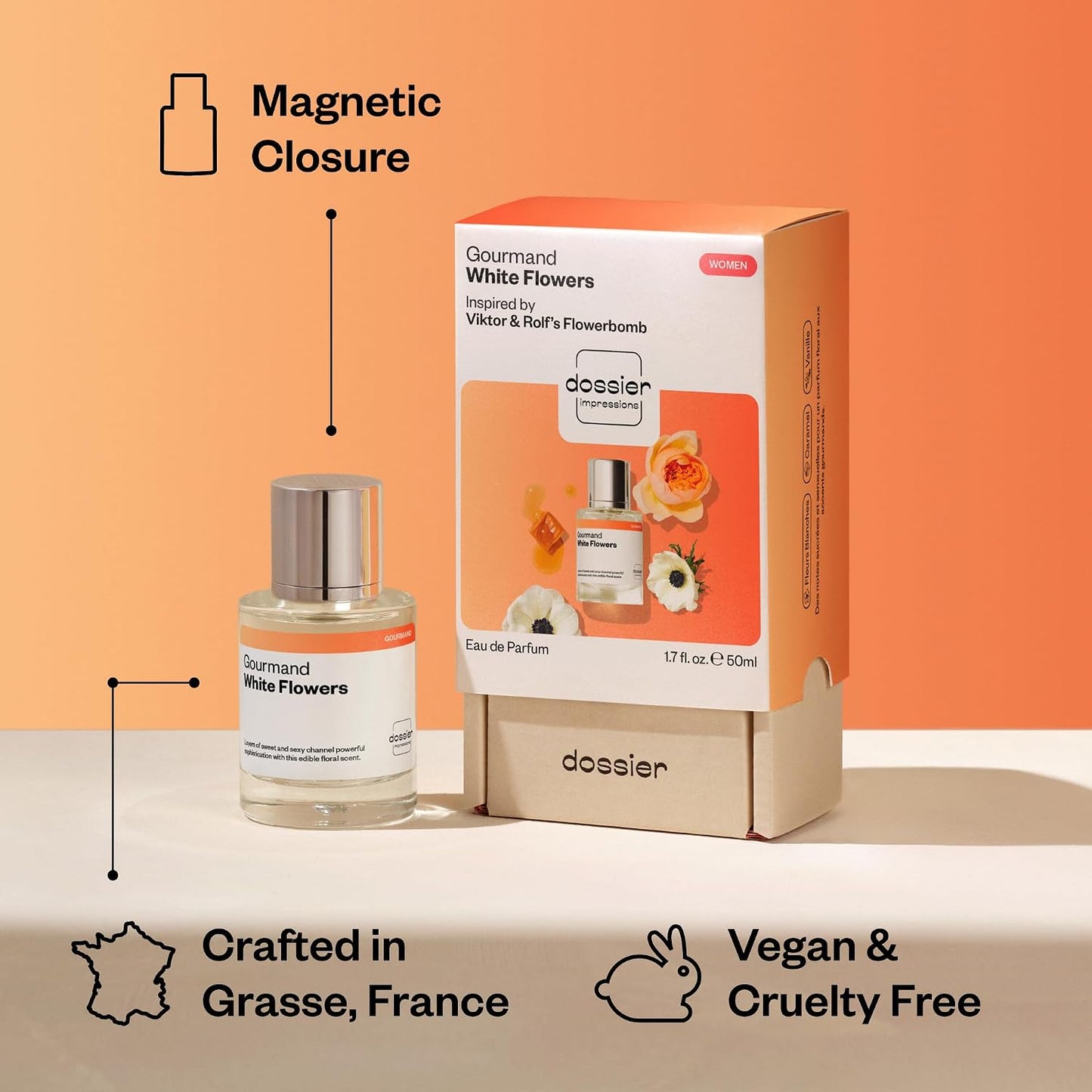 Hot Dossier - Gourmand White Flowers - Eau de Parfum - Inspired by Flowerbomb - Long-Lasting Fragrance - Feminine - 1.7 fl oz (50ml)