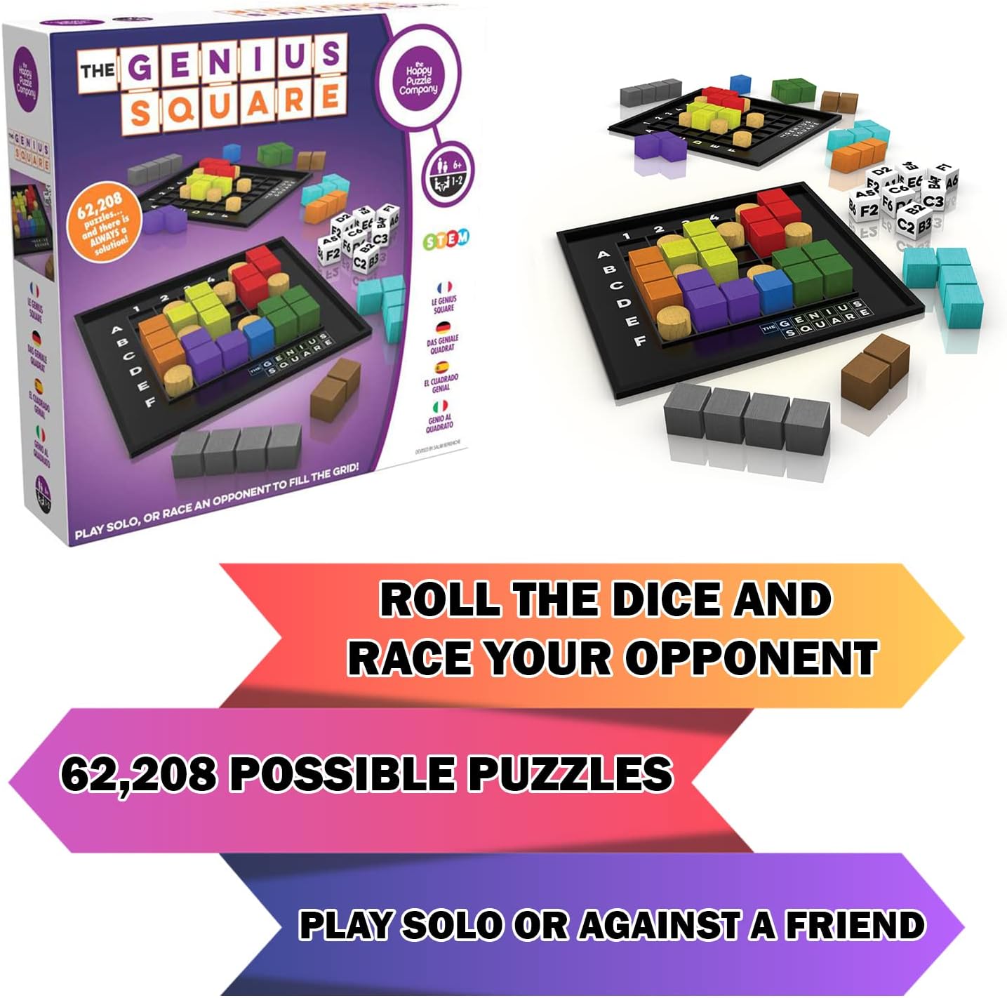 Hot The Genius Square from the Happy Puzzle Company | Game of the Year Award Winner | 60000+ Solutions | STEM Puzzle Game for 1-2 Players | Ages 6 - Adult | Roll the dice and Race to Fill the Grid!
