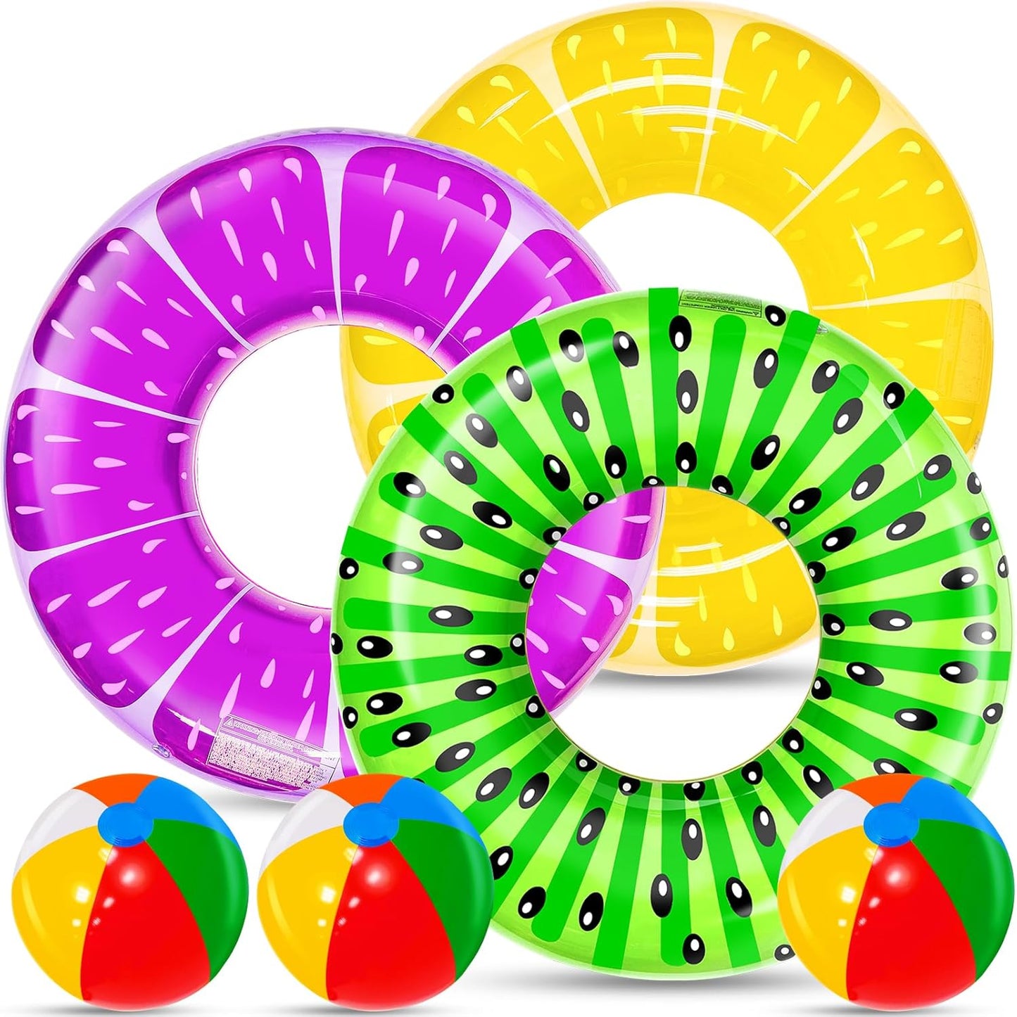 Hot 6 Pack Inflatable Pool Floats, 3 Pcs Inflatable Fruits Swim Tubes Rings & 3 Pcs Rainbow Beach Ball, Summer Pool Floaties for Kids Teens Adults Swimming Float Toy Hawaiian Party Beach Water Fun Game