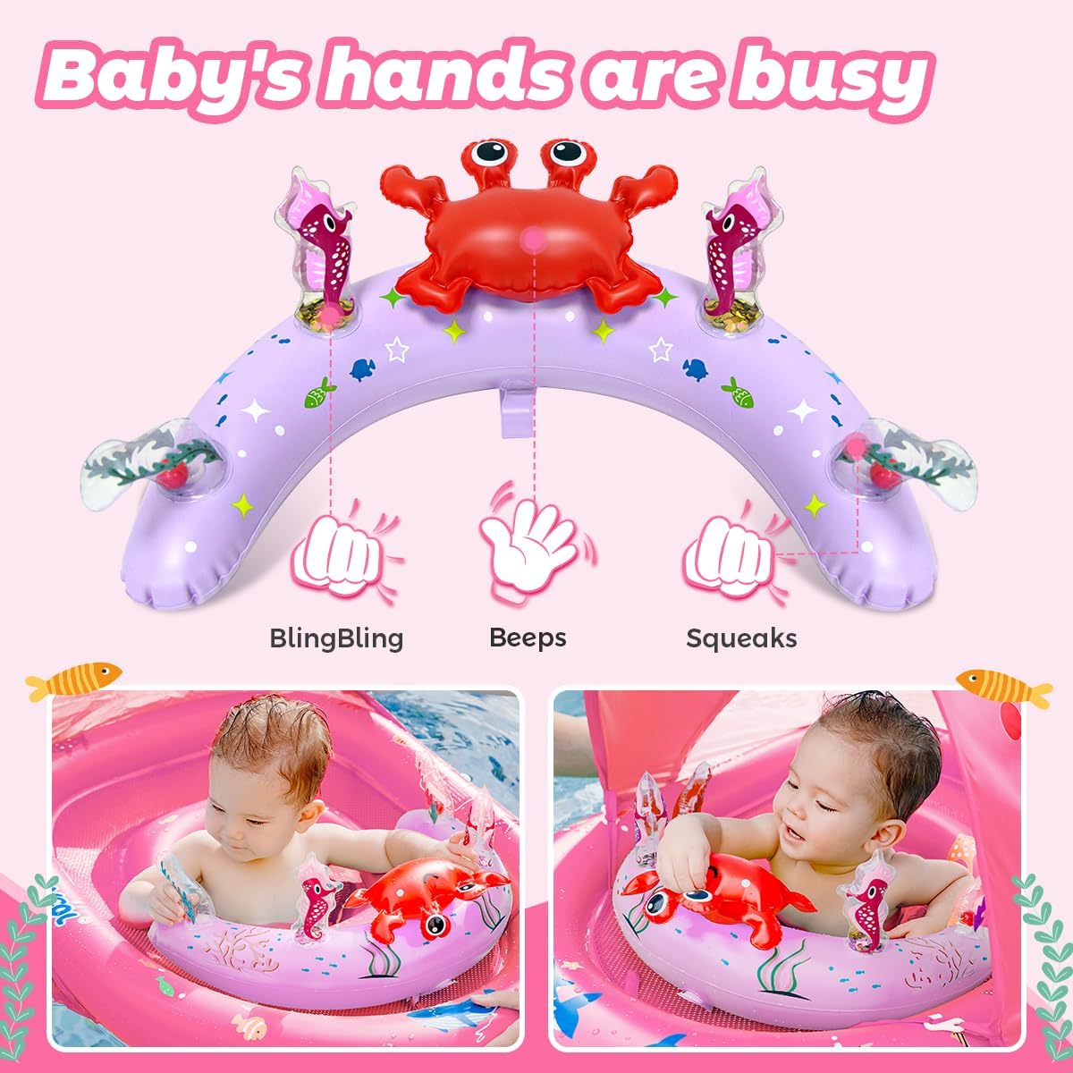 Hot LAYCOL Baby Pool Float with Canopy UPF50+, 120°Adjustable Sun Protection and Anti-Tip Safety Seat, Inflatable Toddler Floaties Infant Pool Float with Animal Pool Toys, Baby Beach Essentials for 6-36M