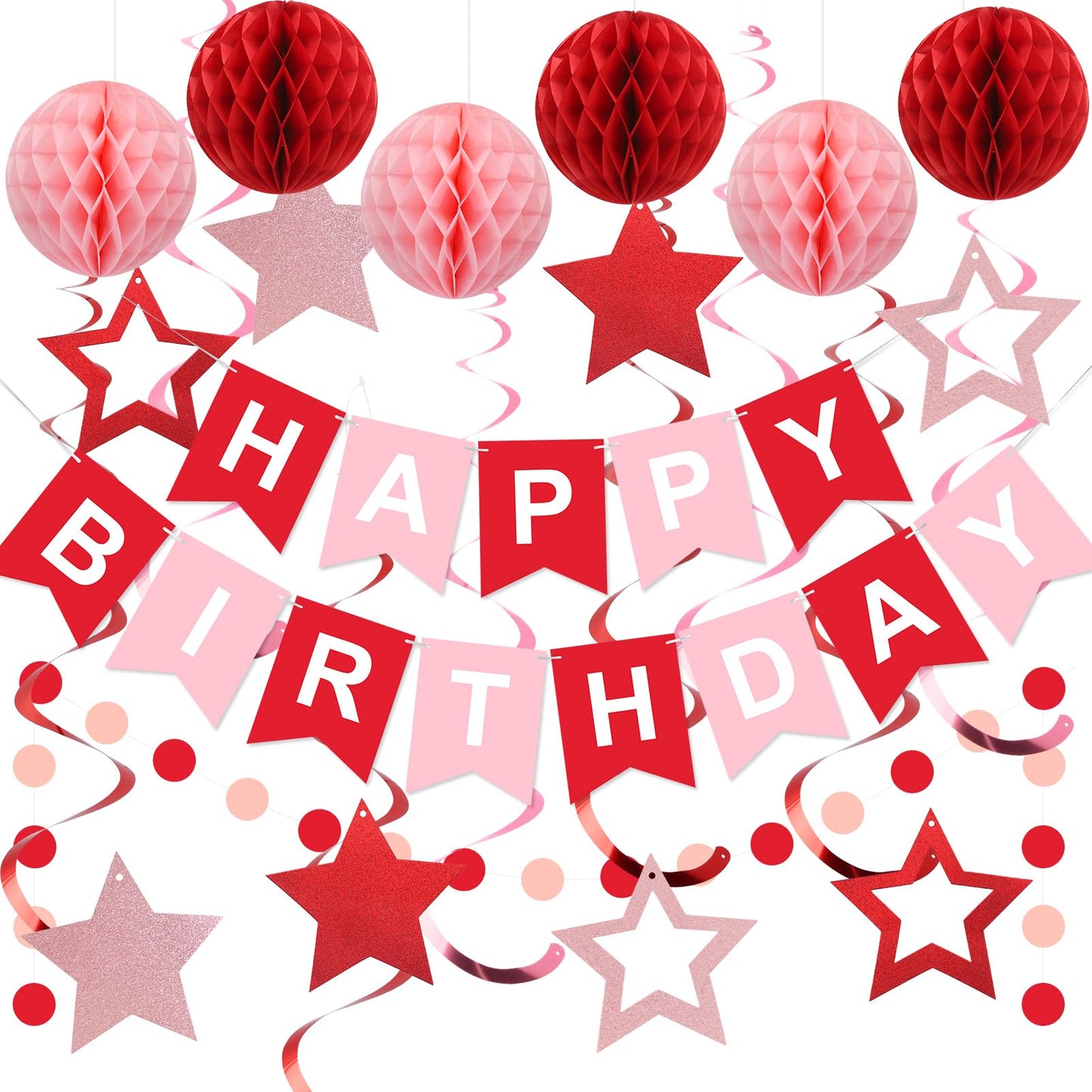 Hotmeowtastic Birthday Decorations Happy Birthday Banner with Honeycomb Balls | 16pcs Birthday Set: 1 Banner+6 Honeycomb Balls+8 Star Spirals+1 Circle Dots, Happy Birthday Decor - Blue