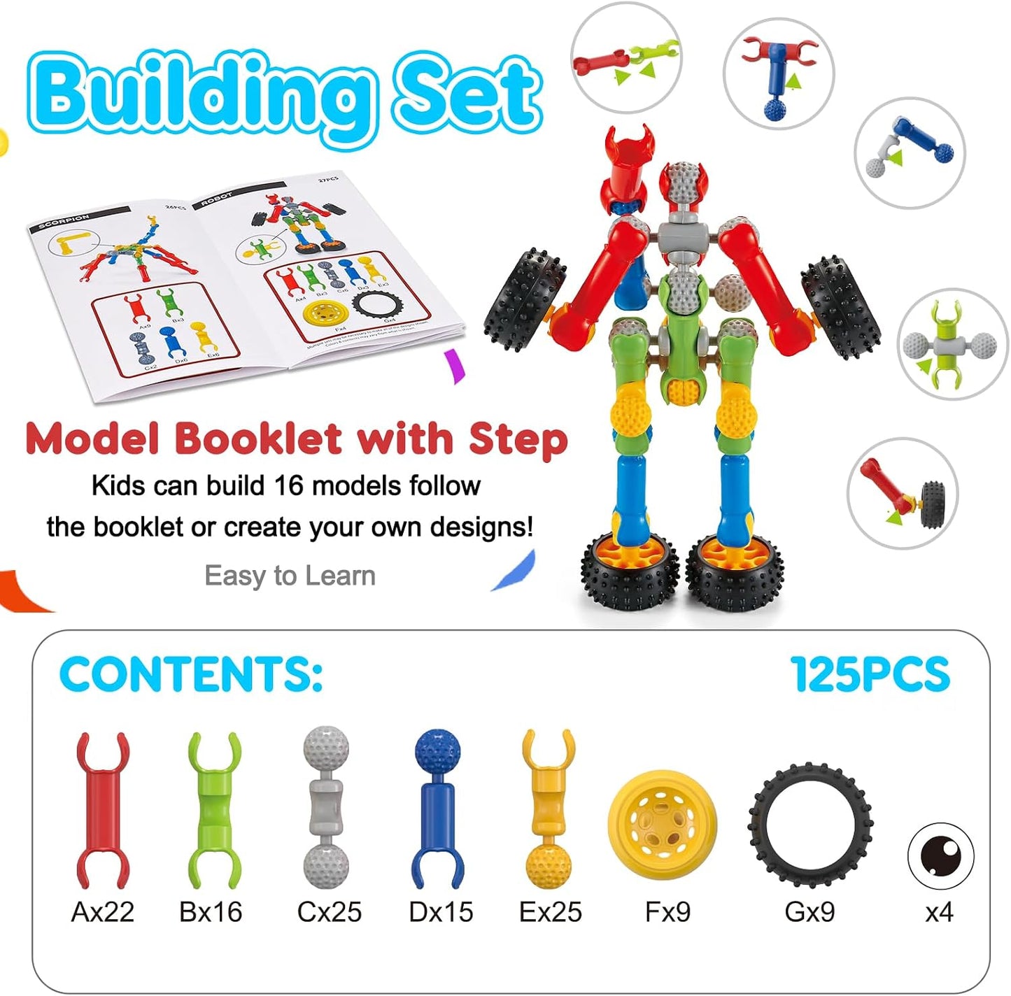 Hot Kids STEM Building Toys for 3 4 5 6 7 8+ Year Old Boy Girl Birthday Gift, 125 Pcs Preschool Classroom Educational Building Blocks Stem Kits Activities Ages 3-5 4-8 5-7 6-8 Engineering Creative Games