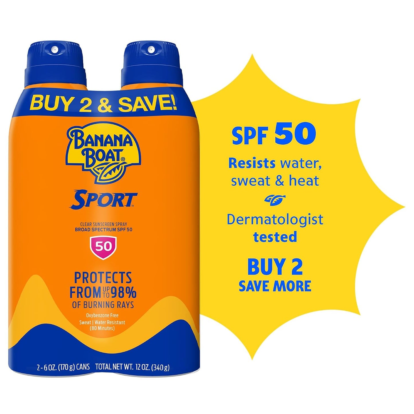 HotBanana Boat Sport Ultra SPF 50 Sunscreen Spray | Banana Boat Sunscreen Spray SPF 50, Water Resistant, Oxybenzone Free, Sunblock, 6oz each Twin Pack