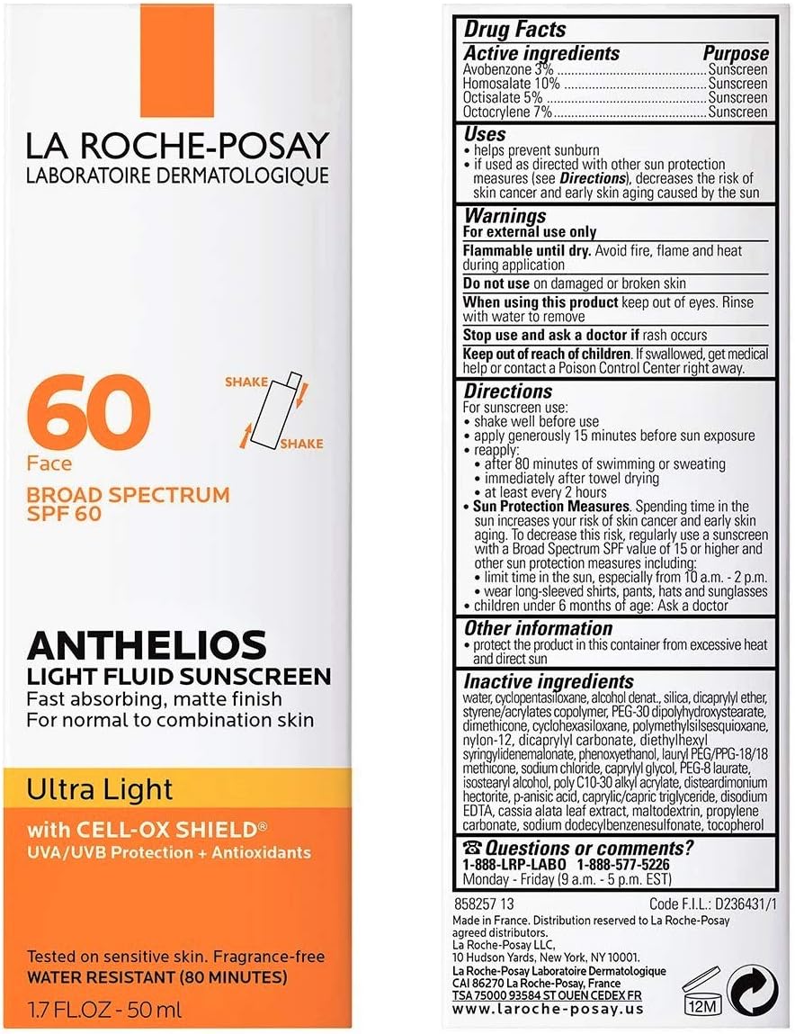 HotAnthelios Light Fluid Facial Sunscreen SPF 60, Lightweight Sunscreen for Face, Fluid Texture, Broad Spectrum SPF