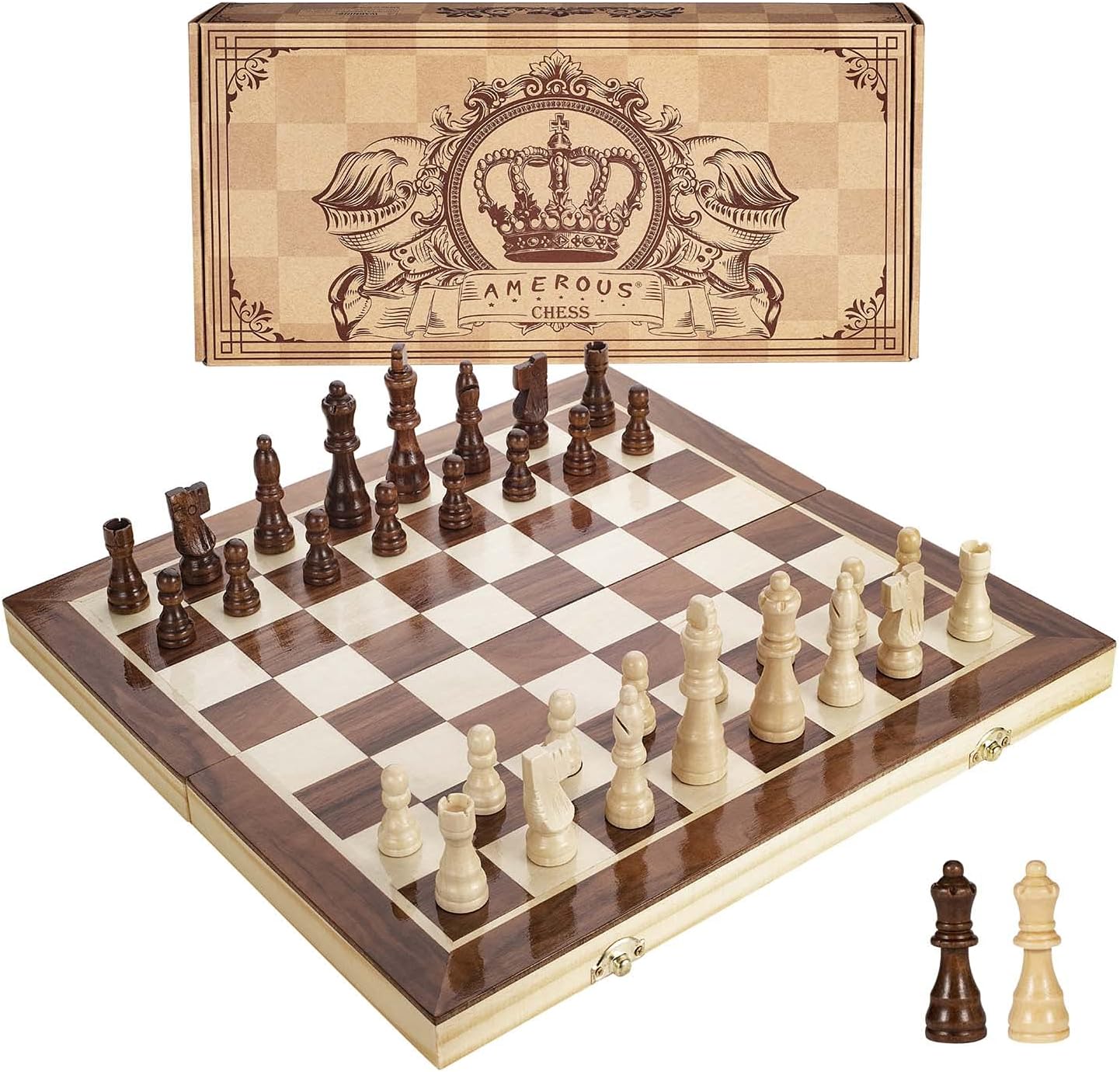 Hot AMEROUS 15 Inches Magnetic Wooden Chess Set - 2 Extra Queens - Folding Board - Pieces Storage Slots, Handmade Portable Travel Chess Game - Beginner Chess Set for Kids, 6 up Age