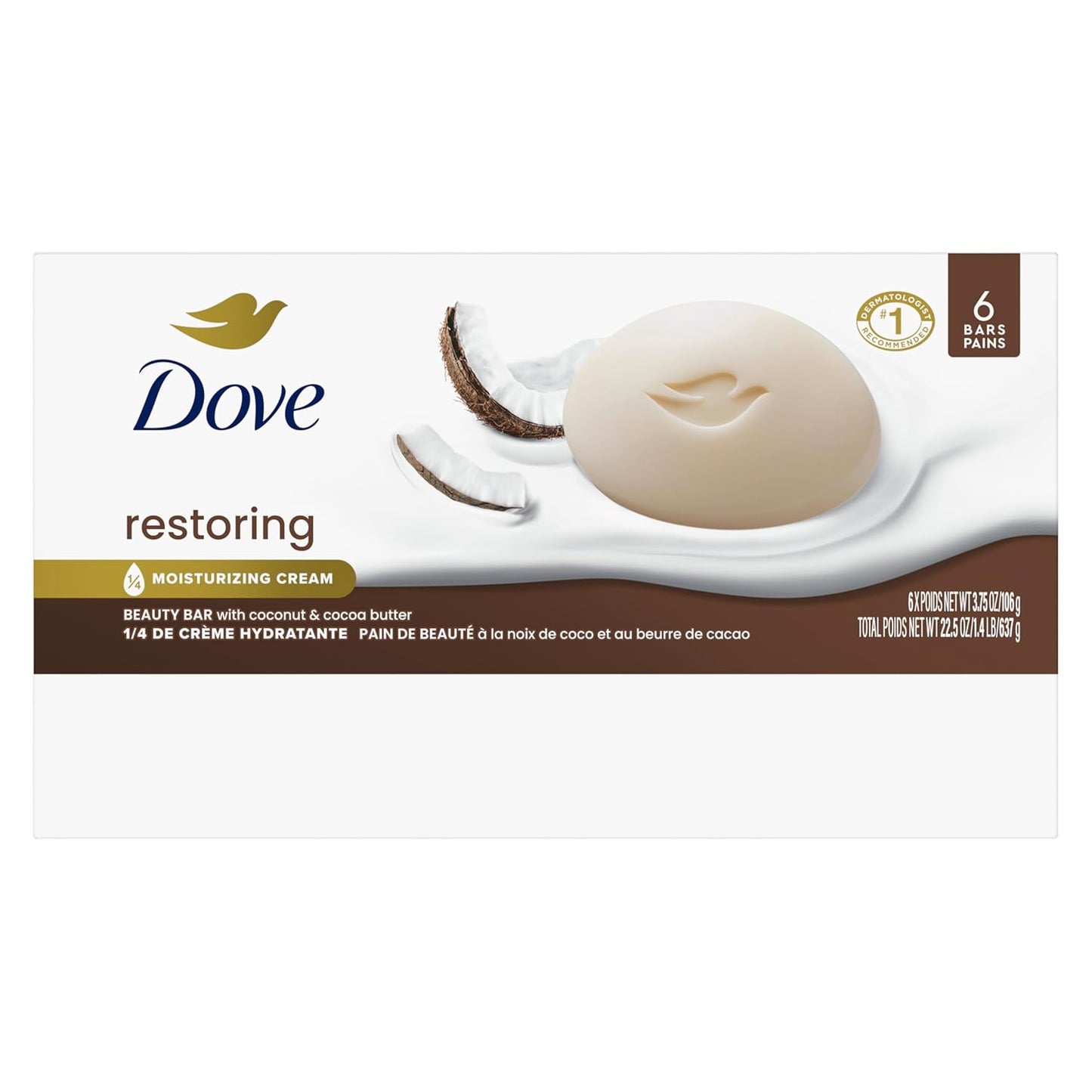 HotDove Beauty Bar Soap Restoring Coconut & Cocoa Butter 6 Count for Restored Skin, Nourishes Skin 3.75 oz