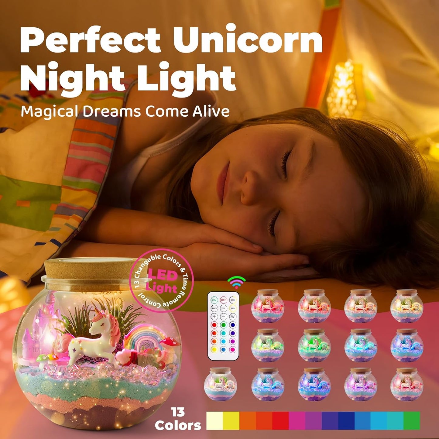 HotJOYEEMAX Unicorn Light-Up Terrarium Kit for Kids - LED Night Light Birthday Gift for Girls Ages 4 5 6 7 8-12 Year Old - Unicorn Toys for Girls - DIY Arts and Crafts Kit for Kids