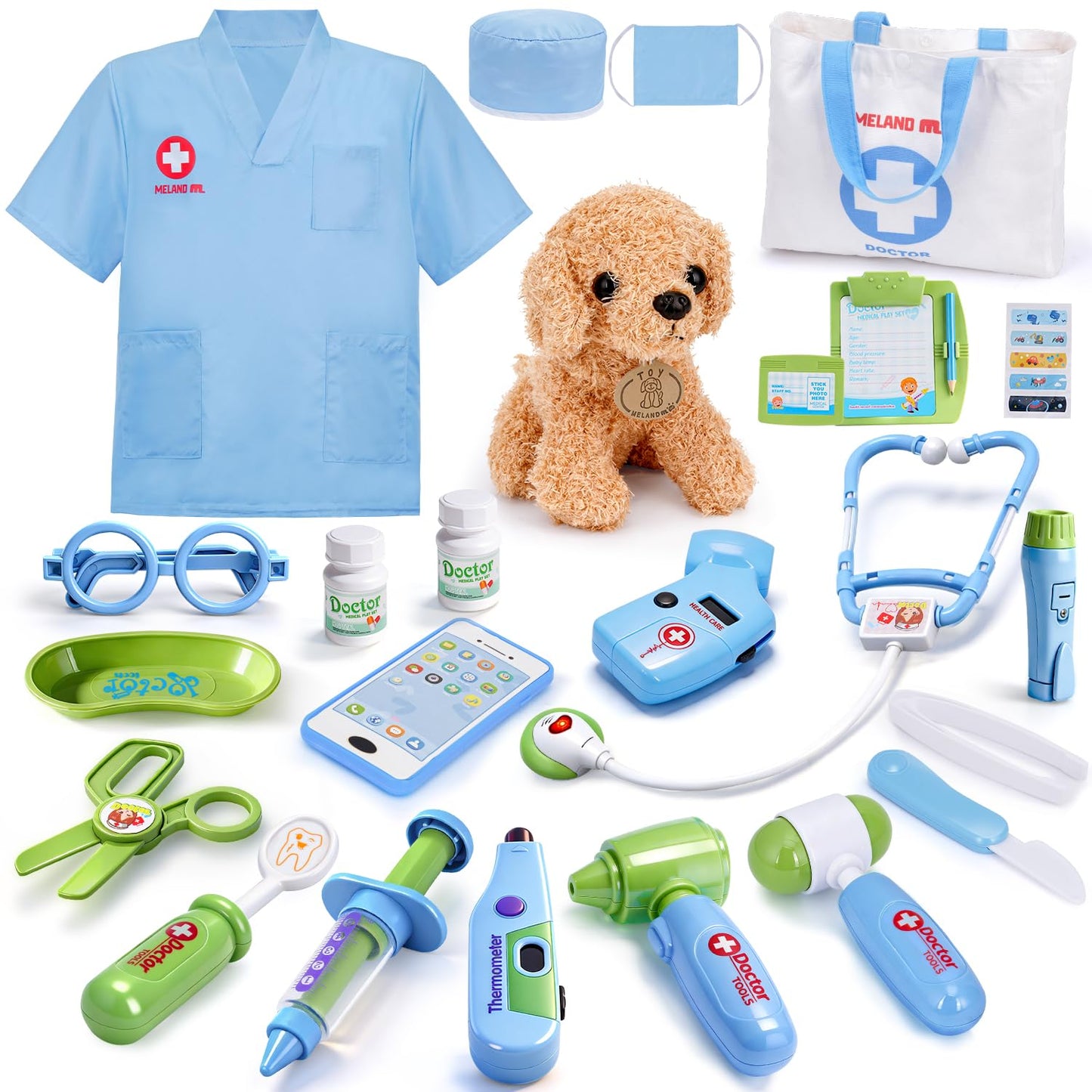 HotMeland Toy Doctor Kit for Girls, Pretend Play Toy Doctor Set with Dog , Carrying Bag, Stethoscope & Dress Up Costume Gift for Kids Toddlers Ages 3 4 5 6 Year Old for Role Play