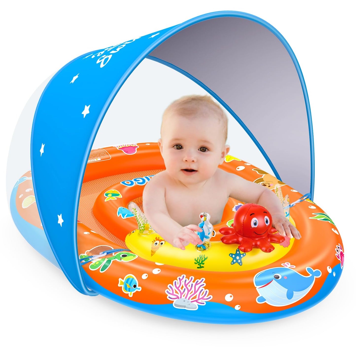 HotEZIGO Baby Pool Float with Canopy UPF50+ Sun Protection, Inflatable Kids Pool Floats with Ocean Animal Toys for Baby 6-36 Months, Infant Swimming Float with Adjustable Safety Seat for Boys Girls
