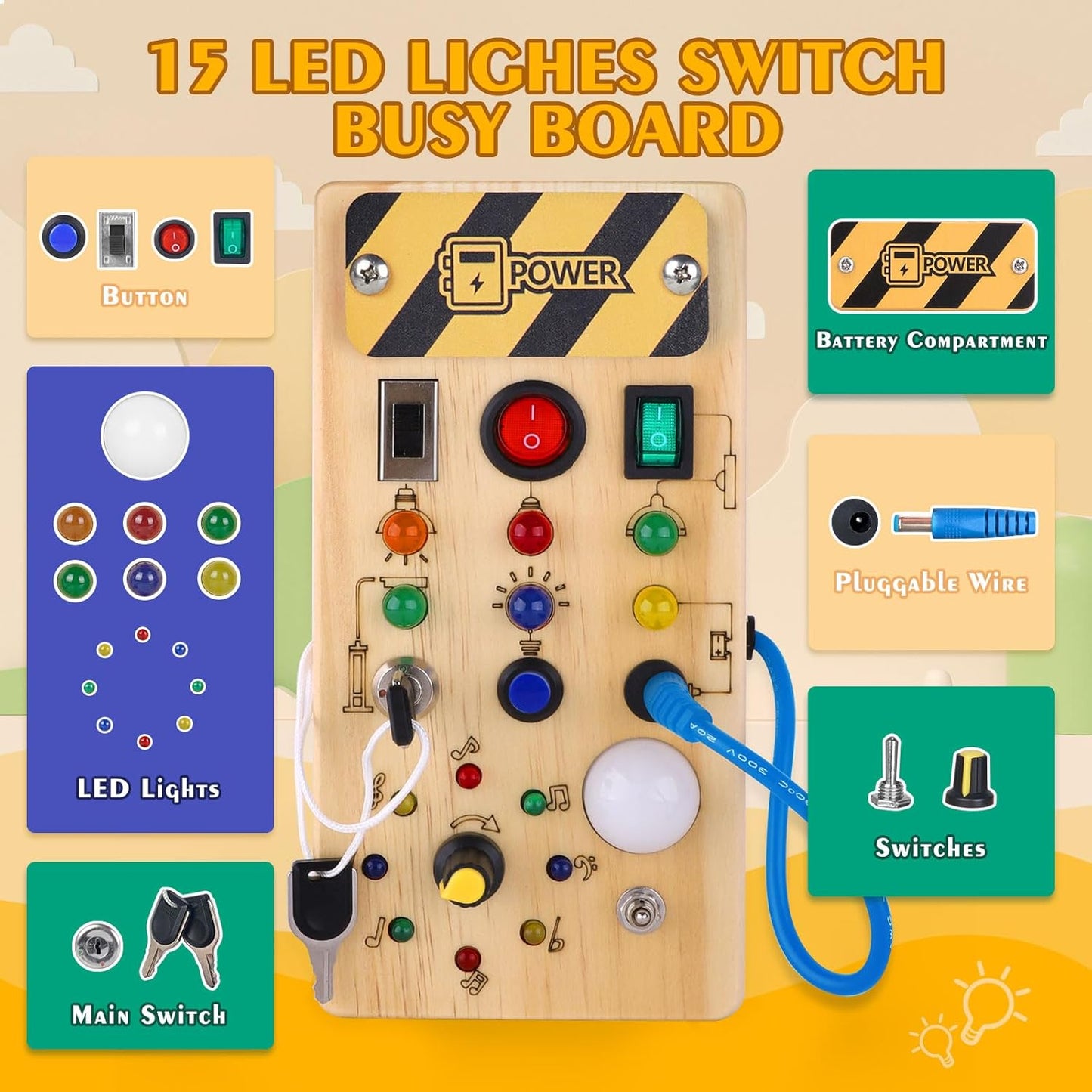 Hot Hoarosall Montessori Wooden Busy Board with 8 LED Light switches, Sensory Toys Light Switch Travel Toys for 1+ Year Old Baby and Toddler