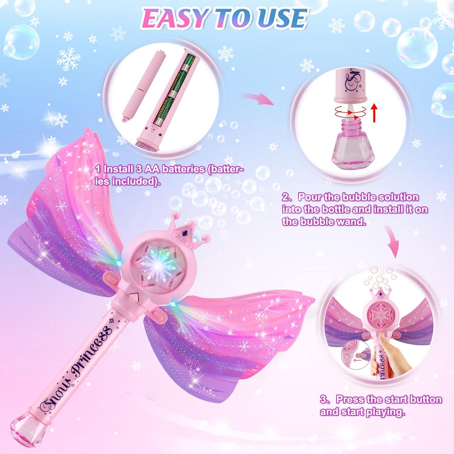HotBubble Wands for Kids Girls - LED Light & Music Bubble Machine: 3 AA Batteries & 2 Bubble Solutions, Outdoor Party Birthday Toys for Toddlers, Gift for 3 4 5 6 7 8 Year Old Girls