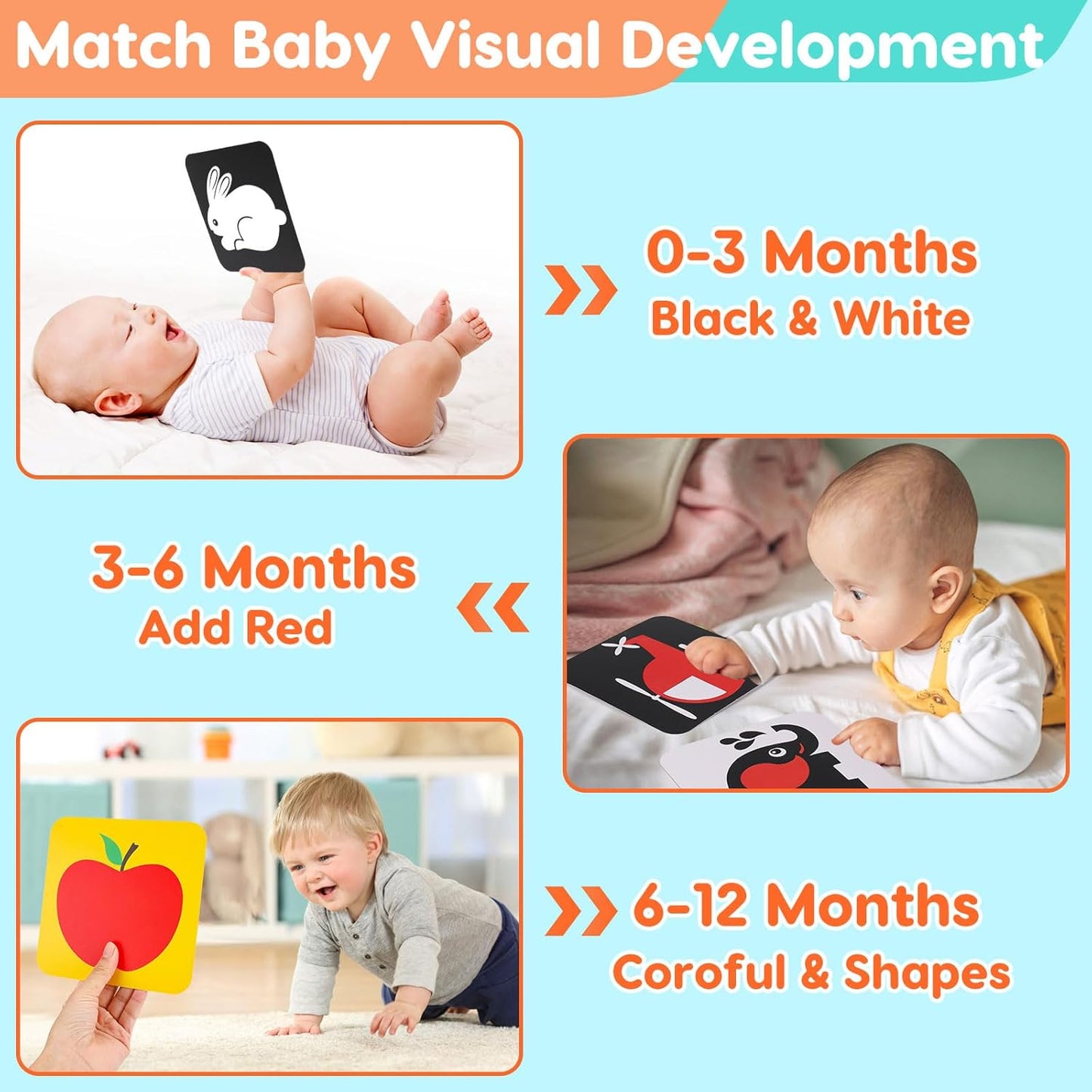 Hot Black and White High Contrast Baby Books Flash Cards Tummy Time Mirror Toys Newborn Toys 0 6 Months Brain Development Infant Stimulating Sensory Toy 0-3 3-6 2 4 5 Month Old Essential