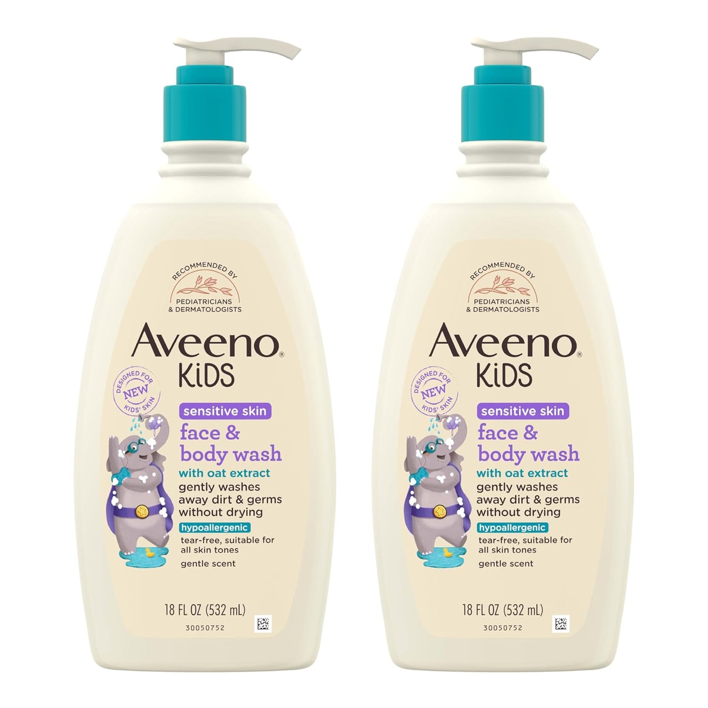 HotAveeno Kids Sensitive Skin Face and Body Wash with Oat Extract, Gently Washes Away Dirt and Germs Without Drying, Tear-Free, Hypoallergenic Kids Body Wash, 18 fl. oz, 2 Pack