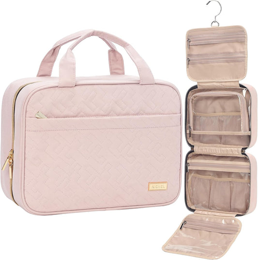 HotNISHEL Travel Toiletry Bag for women, Portable Hanging Organizer for Travel-Sized Shampoo, Conditioner, Brushes Set, makeup Accessories, Medium Size, Pink