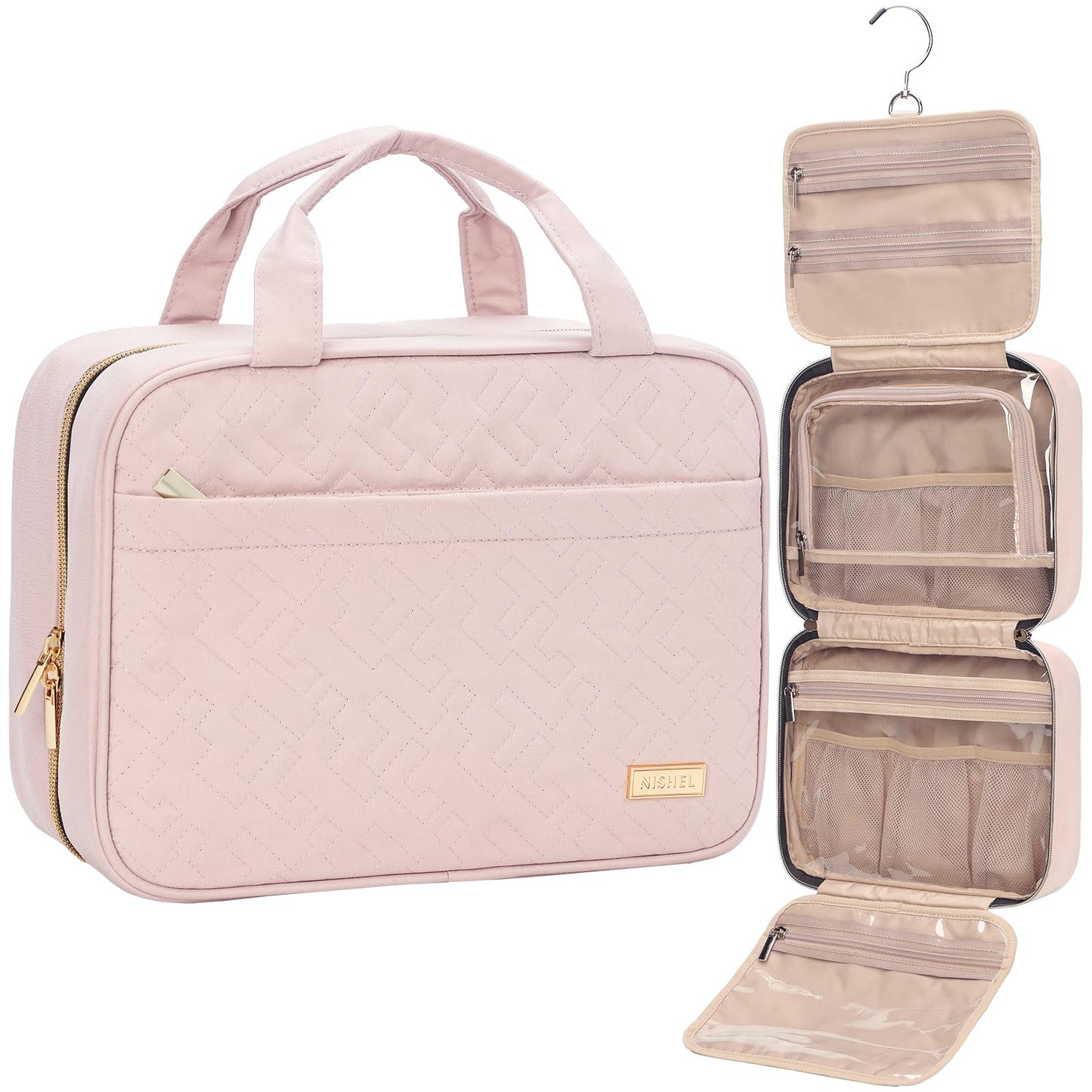 HotNISHEL Travel Toiletry Bag for women, Portable Hanging Organizer for Travel-Sized Shampoo, Conditioner, Brushes Set, makeup Accessories, Medium Size, Pink