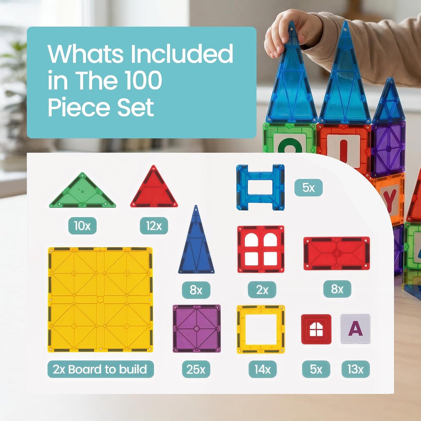 Hot Playmags Magnetic Tiles for Kids 100-Piece Set, STEM Educational Building Blocks Toys for Kids, Includes Click-in ABC Learning Tiles, Gift for Boys & Girls, Add on Magnetic Figures, Car Set Available
