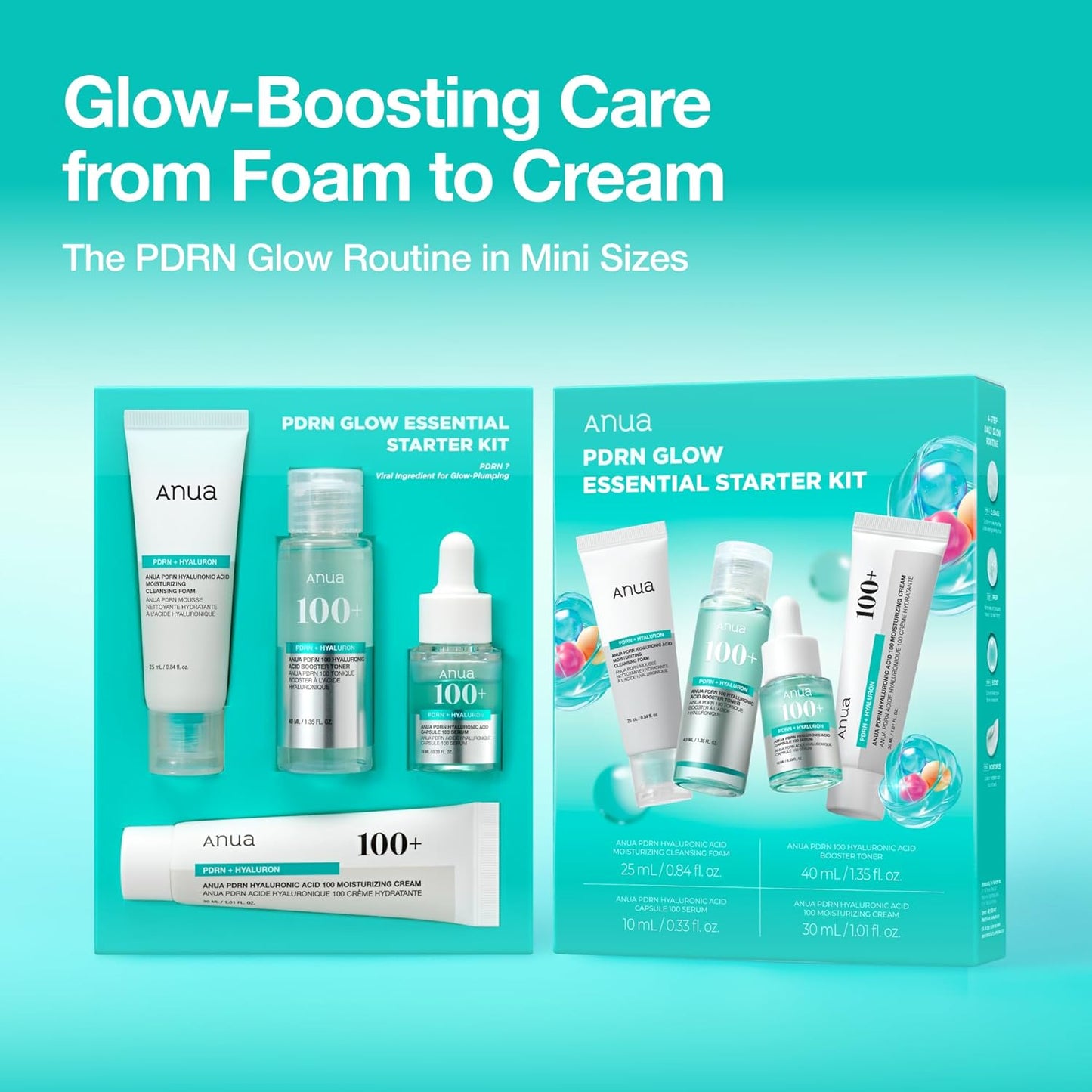 HotAnua Salmon DNA PDRN Glow Essential Starter Kit, Hyaluronic Acid Skincare Set, Glass Skin Routine with Firming & Hydrating Cleanser, Toner, Serum & Cream, Mini Travel Essentials, Korean Skincare Gift
