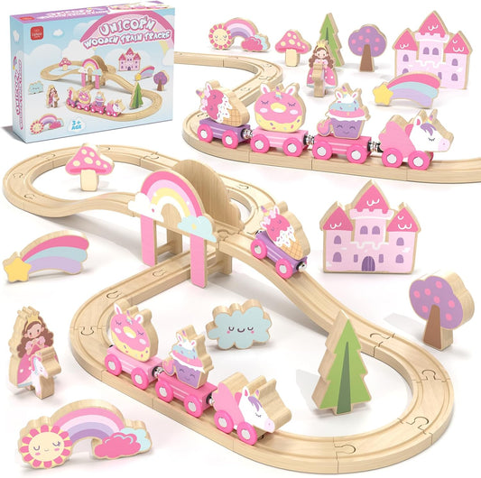 HotLehoo Castle Wooden Train Set for Girls, Pink Unicorn Train Set | Princess and Castle Pieces for Imaginative Play, Compatible with Most Wooden Train Tracks, Birthday Gift for Girls Ages 3-7