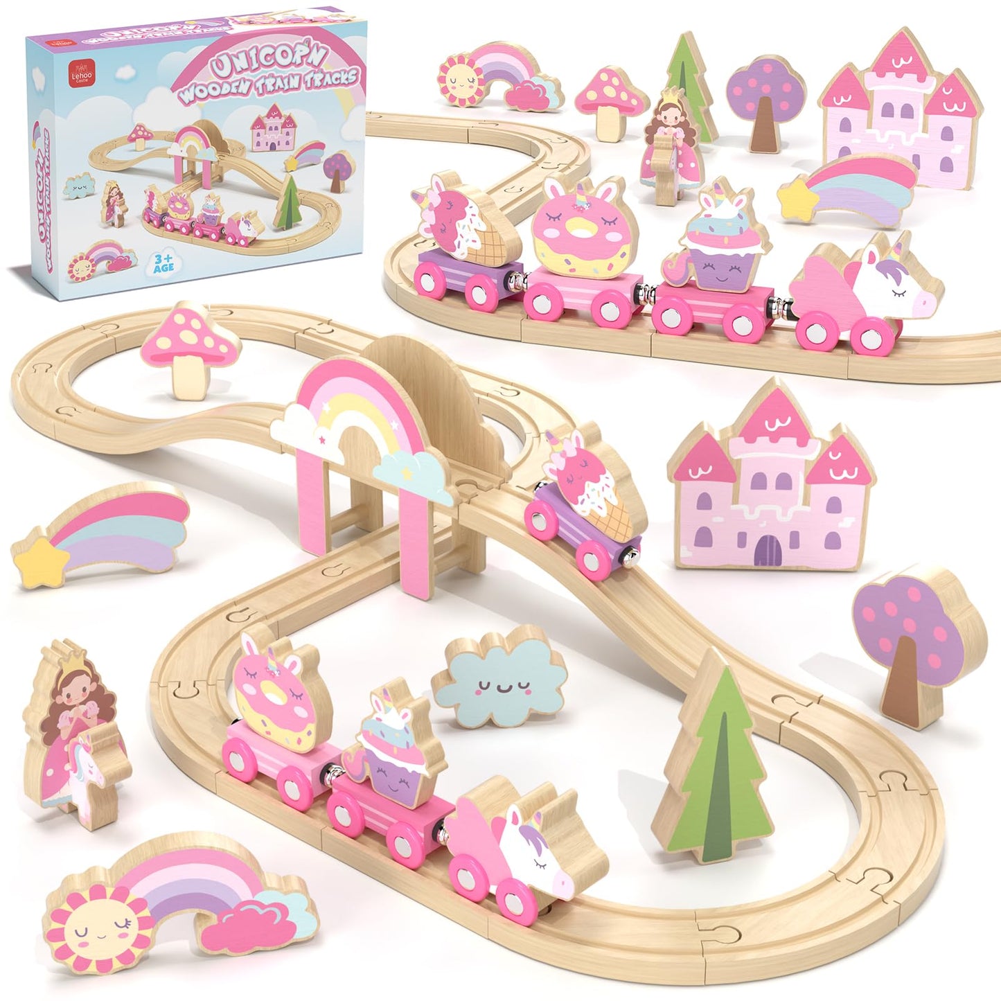HotLehoo Castle Wooden Train Set for Girls, Pink Unicorn Train Set | Princess and Castle Pieces for Imaginative Play, Compatible with Most Wooden Train Tracks, Birthday Gift for Girls Ages 3-7