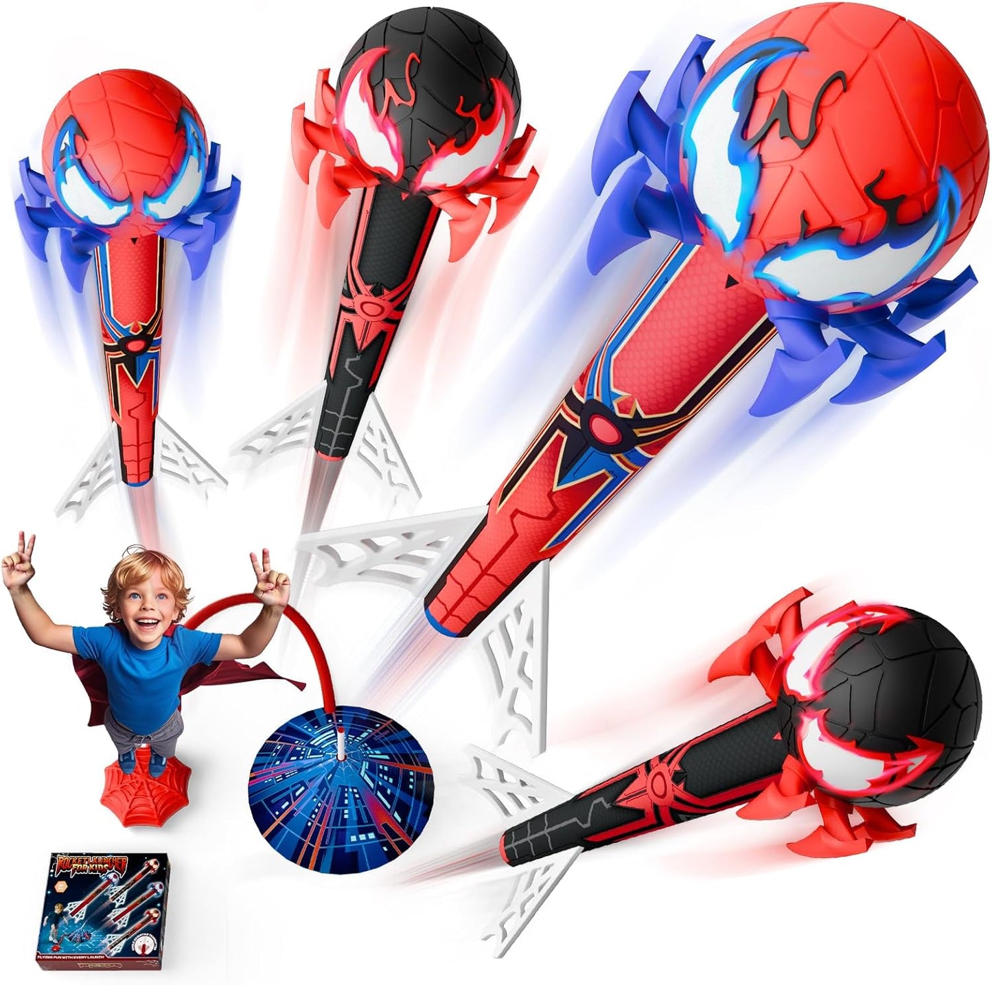 Hot Spider Rocket Launcher for Kids, 4 Rockets with Web Air Pump, Stomping Launch Toys, Outdoor Spider Toys Gifts for 3-10 Year Old Boys & Girls