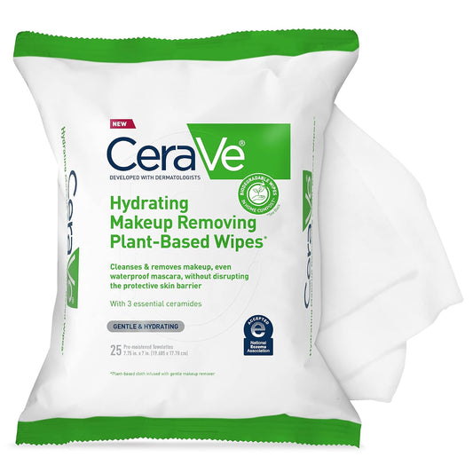 HotCeraVe Makeup Remover Wipes, Plant Based Face Wipes, Biodegradable in Compost, Waterless Face Wash, Travel Essentials for Women, Suitable for Sensitive Skin, Fragrance-free + Non-comedogenic, 25ct