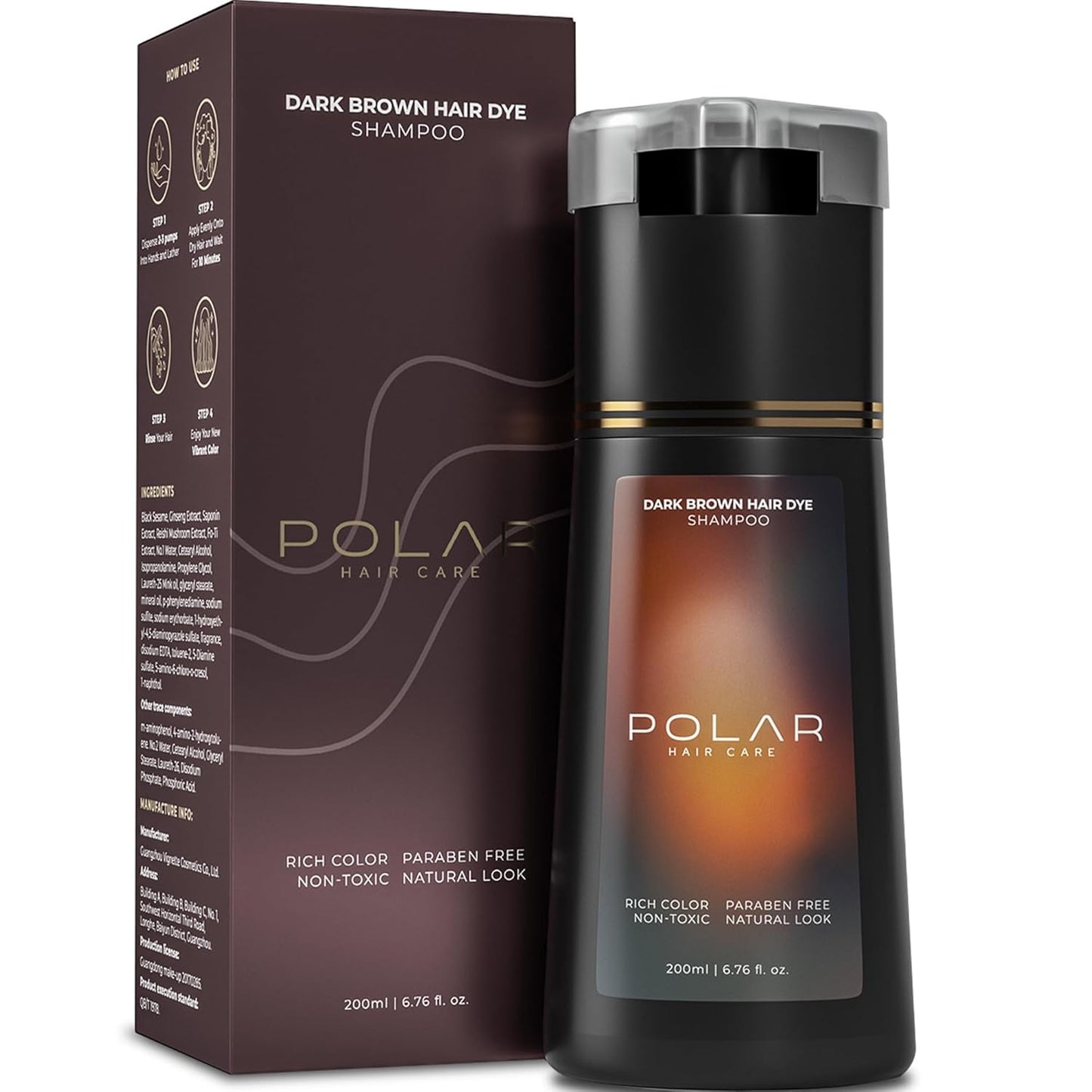HotPolar Hair Dye Shampoo, Dark Brown Hair Dye Color Shampoo for Gray Coverage | Dark brown hair dye shampoo for gray hair coverage; semi-permanent color cleanser, quick application, easy rinse, 6.76 fl oz