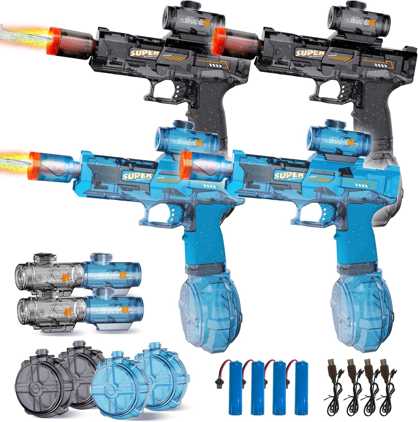 Hot4Pcs Electric Water Gun for Kids Adults, Automatic Squirt Gun Pistol with Water Spray Sound and Led Light, Leak-Proof Rechargeable Watergun for Summer Outdoor Pool Beach Toys for Boys (Black+Blue)