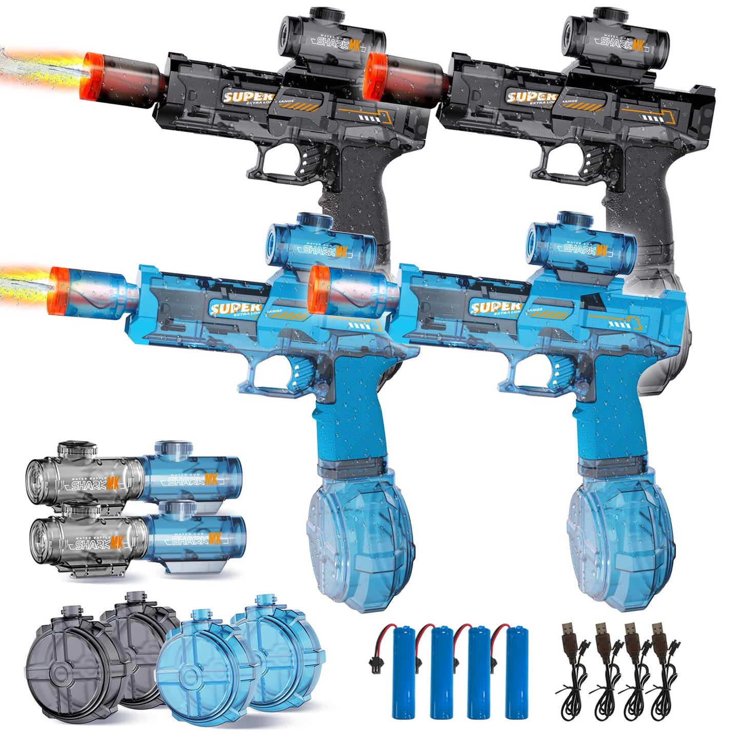 Hot4Pcs Electric Water Gun for Kids Adults, Automatic Squirt Gun Pistol with Water Spray Sound and Led Light, Leak-Proof Rechargeable Watergun for Summer Outdoor Pool Beach Toys for Boys (Black+Blue)