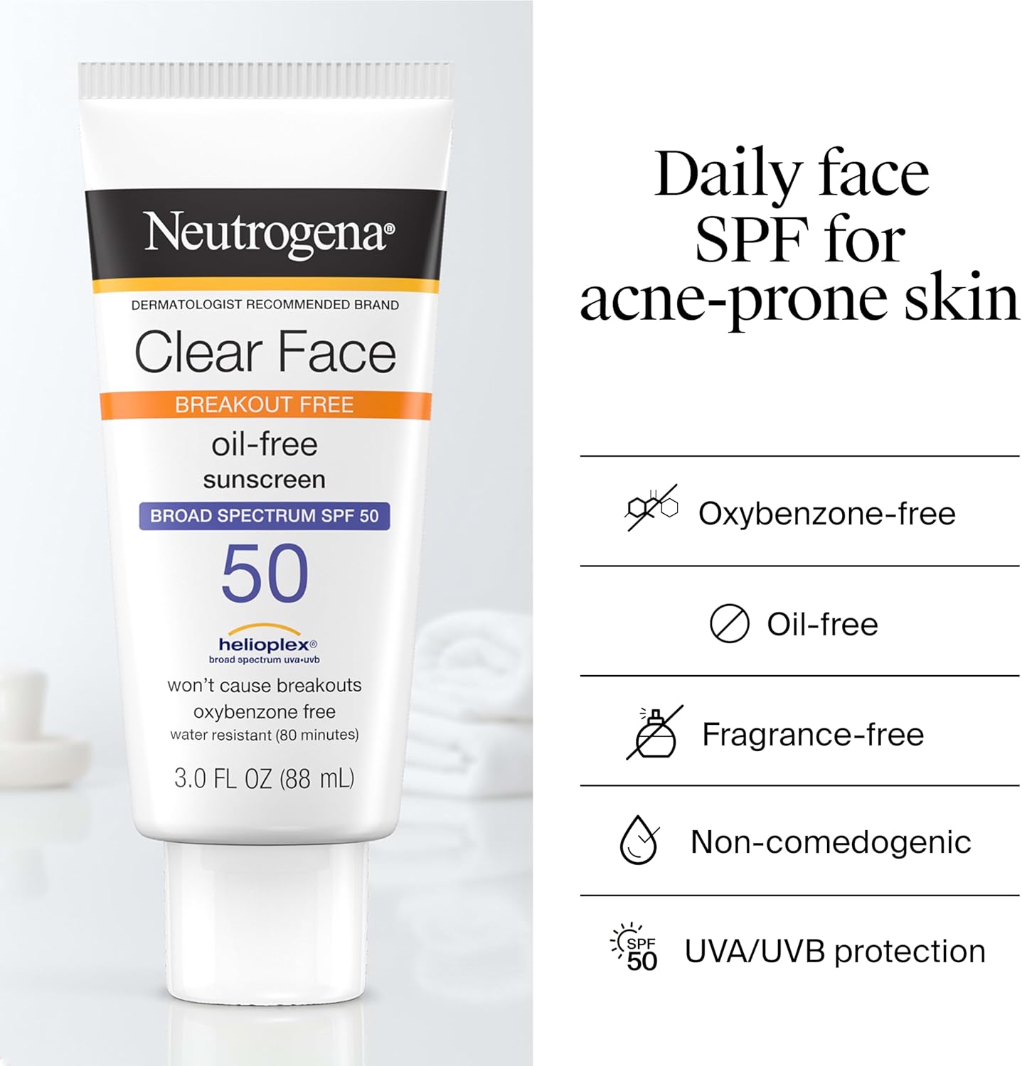 HotNeutrogena Clear Face Sunscreen Lotion SPF 50 for Acne-Prone Skin Broad Spectrum UVA UVB Protection Oil-Free No-Fragrance No-Oxybenzone Water-Resistant Daily Face Moisturizer, 3 fl oz