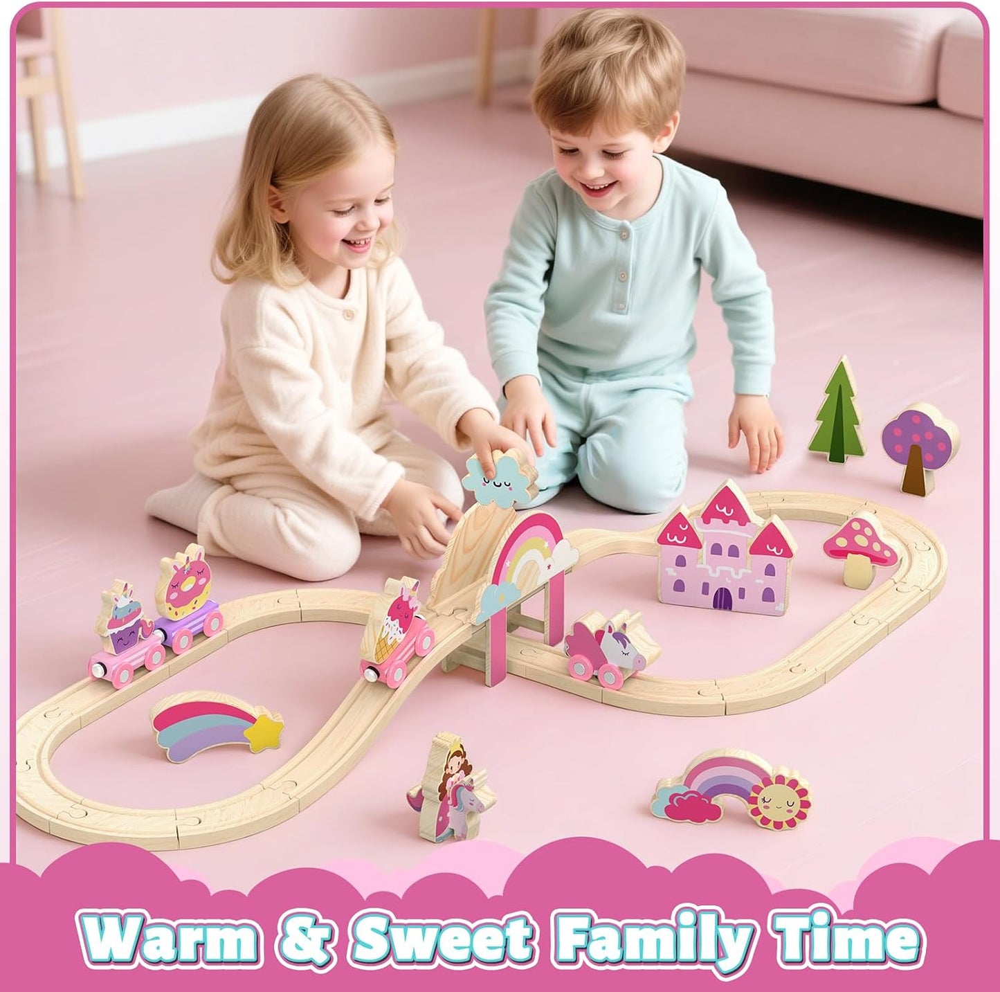 HotLehoo Castle Wooden Train Set for Girls, Pink Unicorn Train Set | Princess and Castle Pieces for Imaginative Play, Compatible with Most Wooden Train Tracks, Birthday Gift for Girls Ages 3-7
