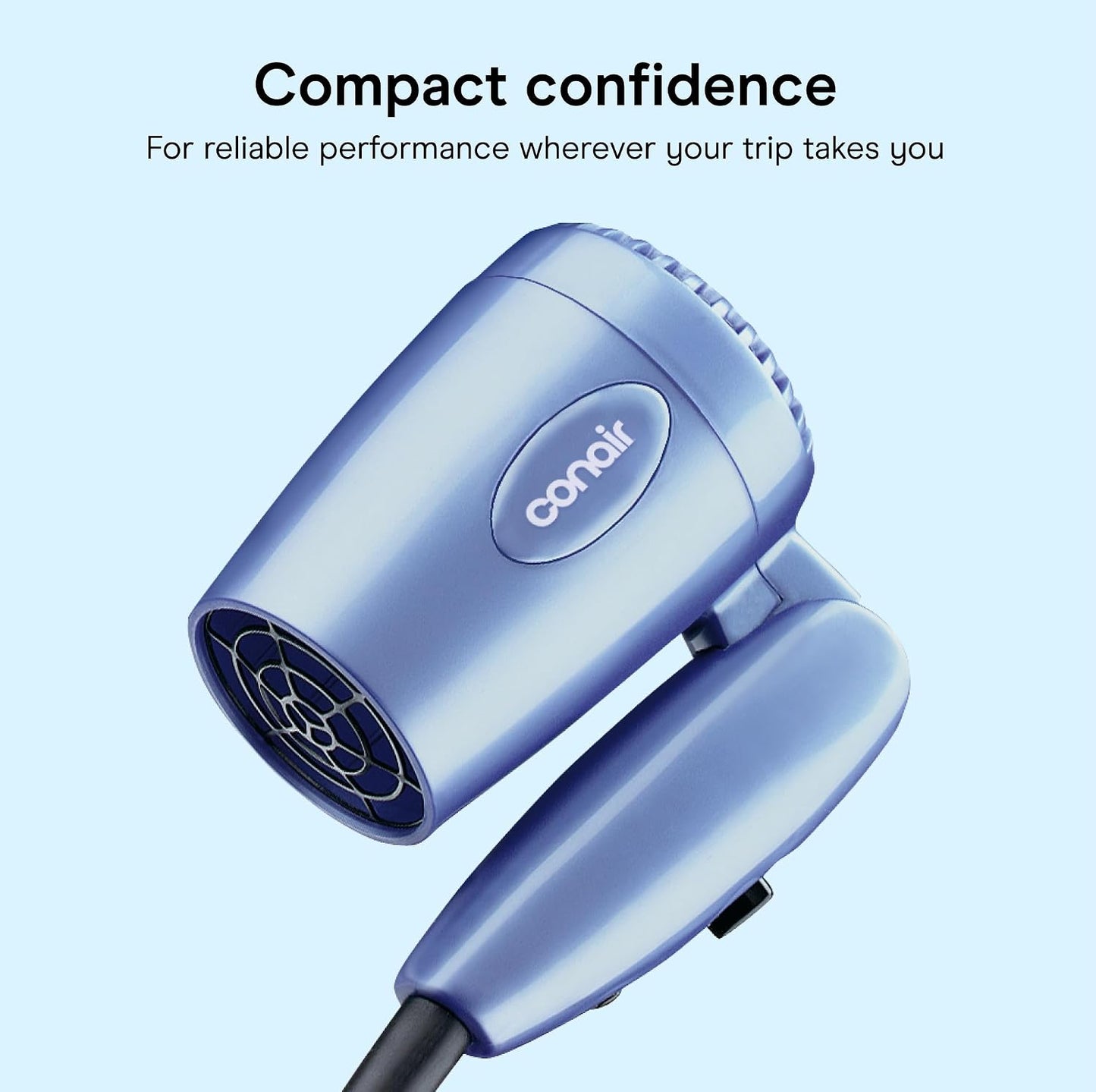 HotConair Dual Voltage Hair Dryer, Compact Folding Handle Design, 1600W | Travel blow dryer for on-the-go styling with foldable 0.75-lb design, high-velocity airflow, and various heat/speed settings