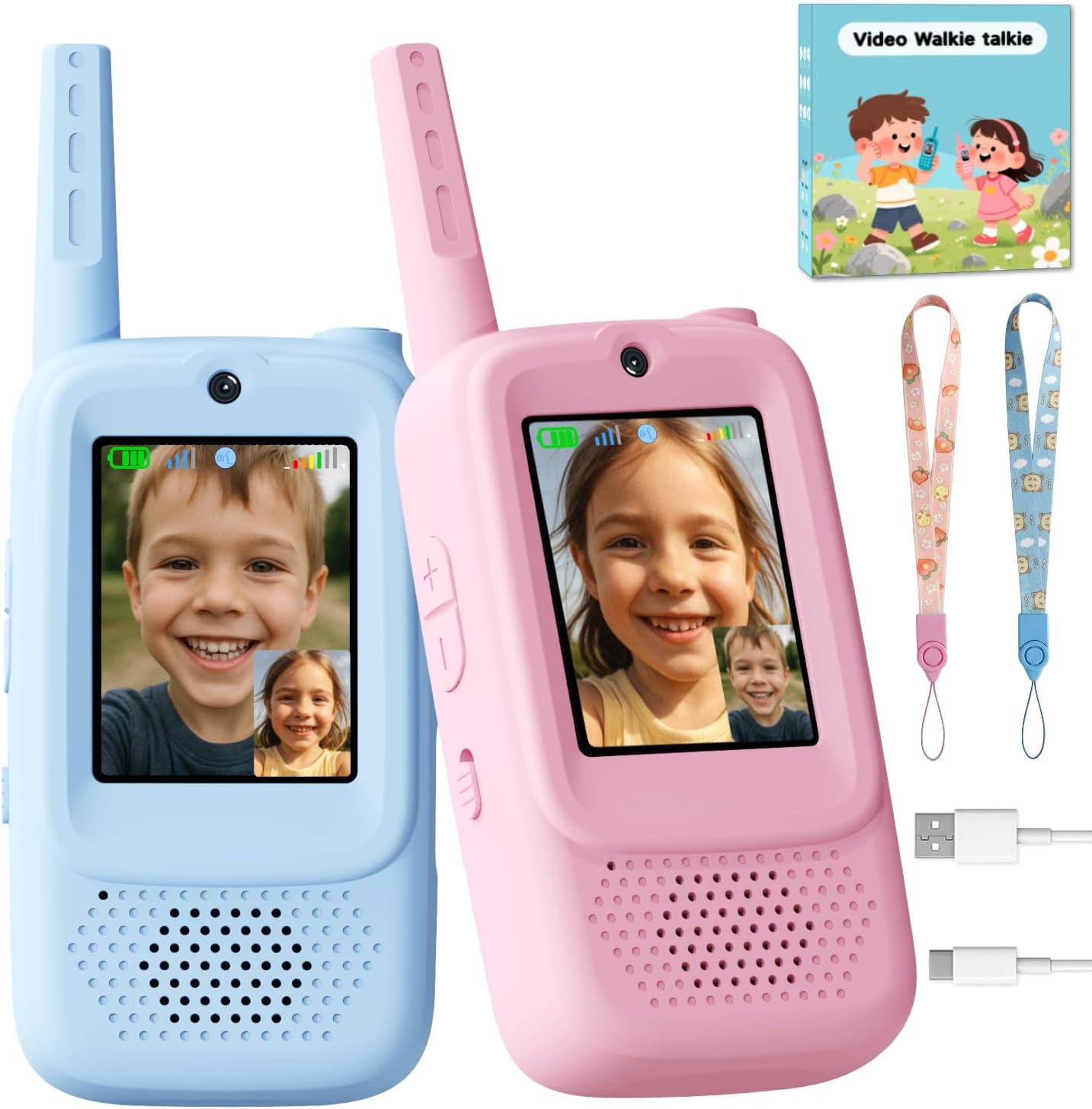 Hot Video Walkie Talkies for Kids, Handheld 2 Pack Rechargeable Video Walkies Talkies, Indoor Outdoor Toys Christmas Birthday Gifts for Age 3-12 Year Old Girls Boys (Blue & Pink)