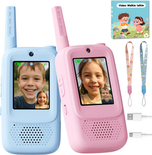 Hot Video Walkie Talkies for Kids, Handheld 2 Pack Rechargeable Video Walkies Talkies, Indoor Outdoor Toys Christmas Birthday Gifts for Age 3-12 Year Old Girls Boys (Blue & Pink)