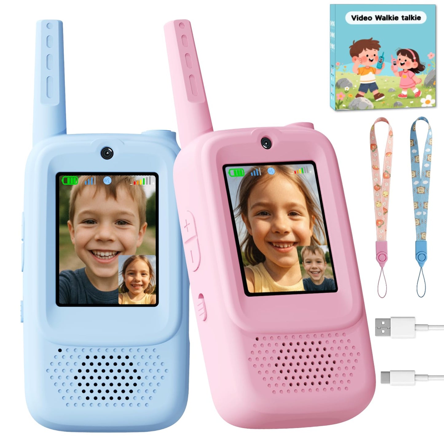 Hot Video Walkie Talkies for Kids, Handheld 2 Pack Rechargeable Video Walkies Talkies, Indoor Outdoor Toys Christmas Birthday Gifts for Age 3-12 Year Old Girls Boys (Blue & Pink)