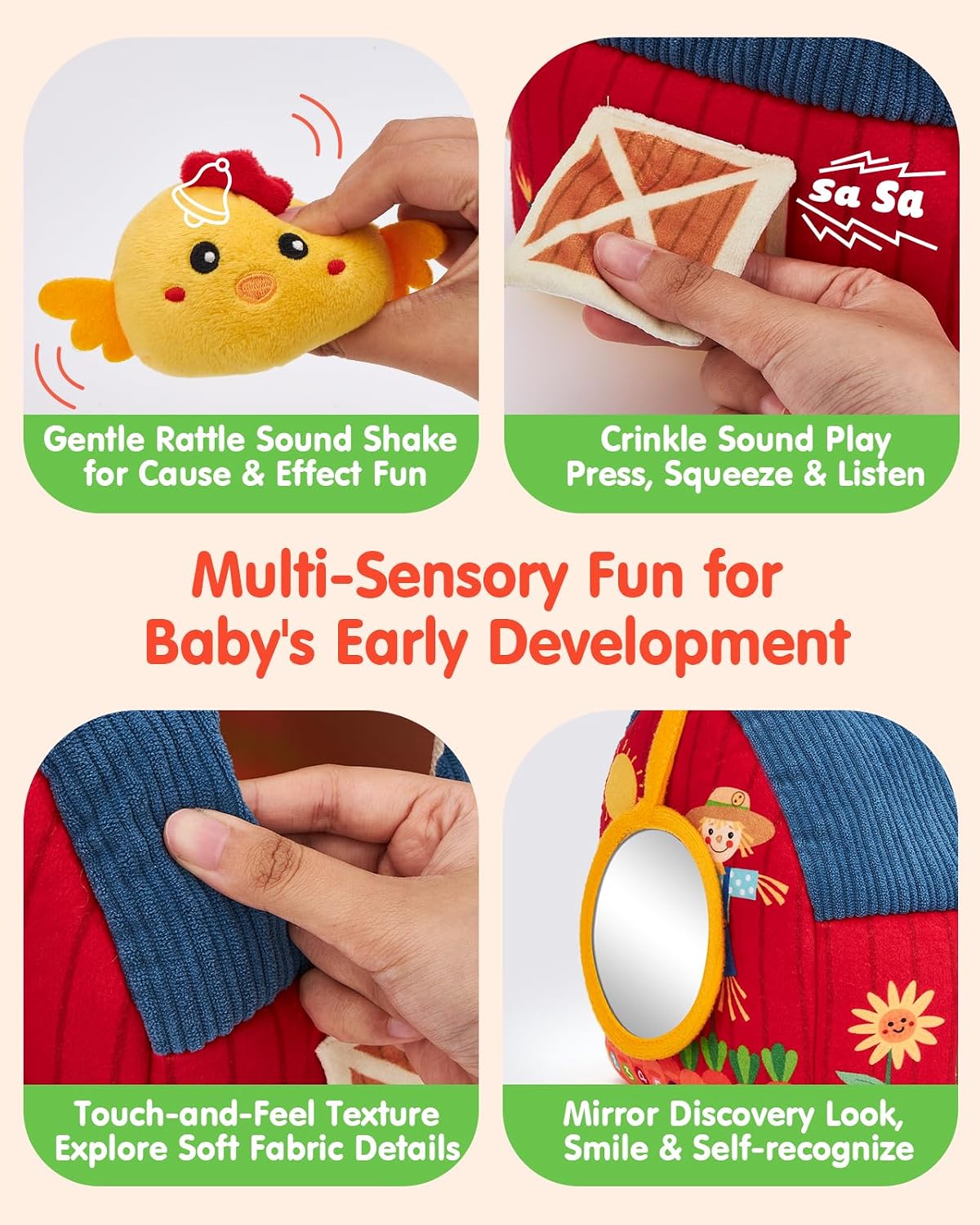 Hothahaland Baby Toys 6-12 Months - Surprise Barn Stuffed Farm Animals Plush | 6 Month Old Montessori Toys with Rattle Crinkle Sound, Texures, Mirror, Infant Sensory Balls 7 8 9 Month Old Baby Boy Gifts
