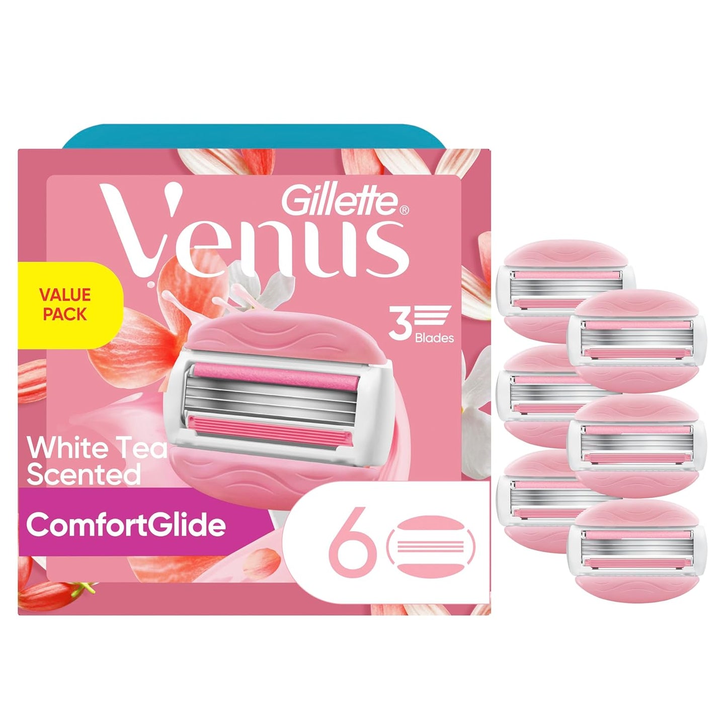 HotGillette Venus ComfortGlide White Tea Women's Razor Blades, 3-Blade Razor Refills, 6 Count
