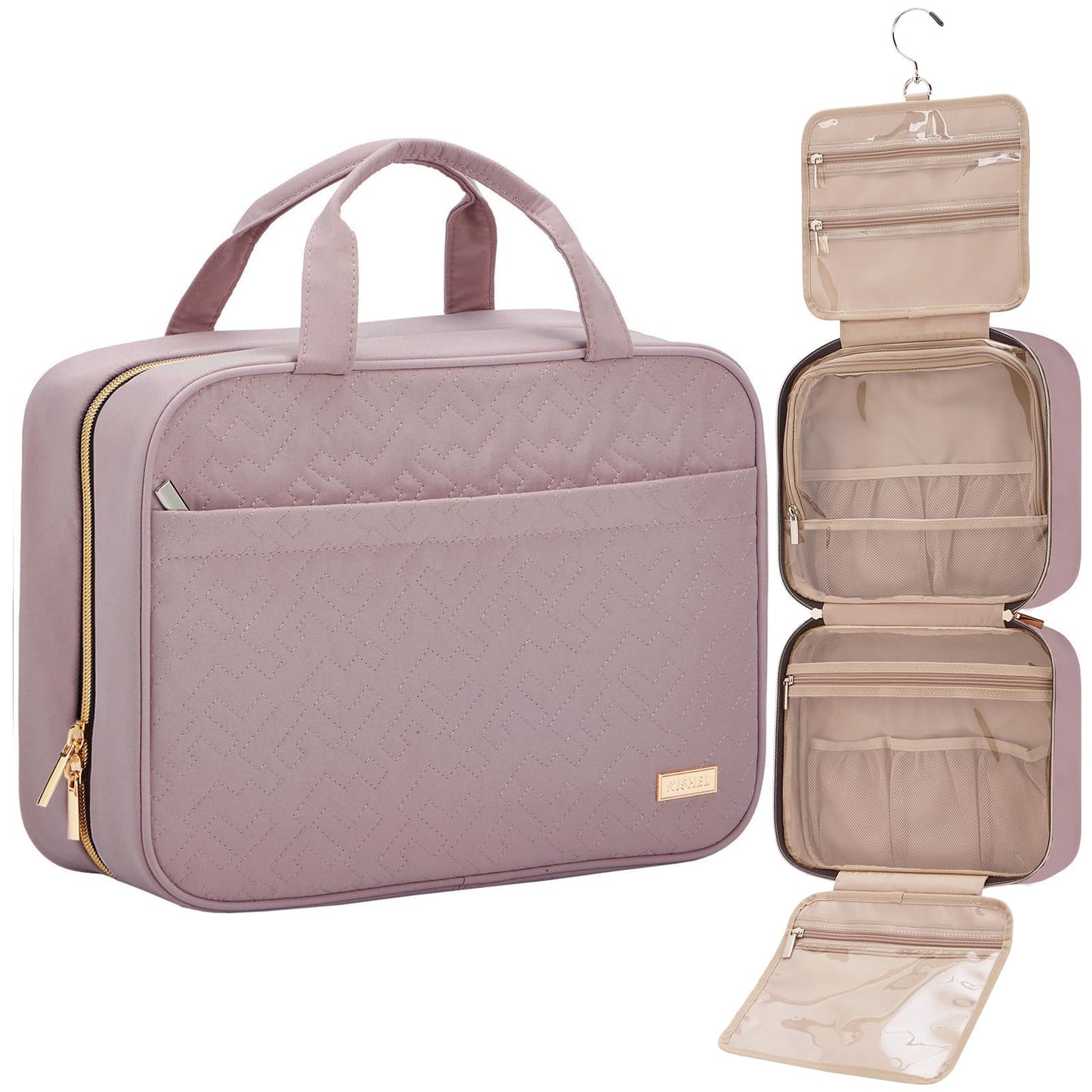 HotNISHEL Travel Toiletry Bag for women, Portable Hanging Organizer for Travel-Sized Shampoo, Conditioner, Brushes Set, makeup Accessories, Medium Size, Pink