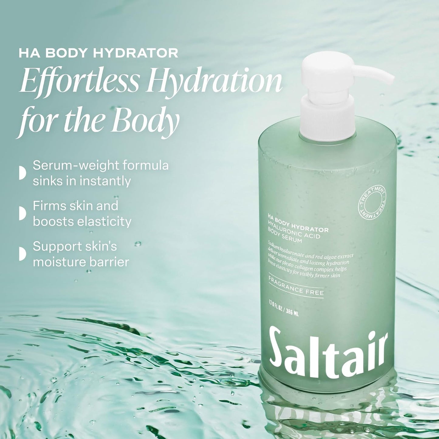 HotSaltair Hyaluronic Acid Body Serum – Hydrating Body Lotion for Smoother Looking Skin – Sheer Gel Moisturizer with Sodium Hyaluronate & Red Algae – Fragrance-Free HA Hydrator – 13oz Pump Bottle