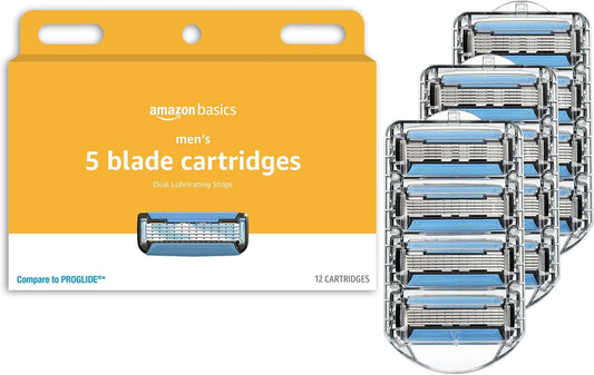 HotAmazon Basics 5-Blade Razor Refills for Men with Dual Lubrication, Hypoallergenic, Clean Shave, Precision Beard Trimmer, 12-Pack (Fits Amazon Basics Razor Handles only)