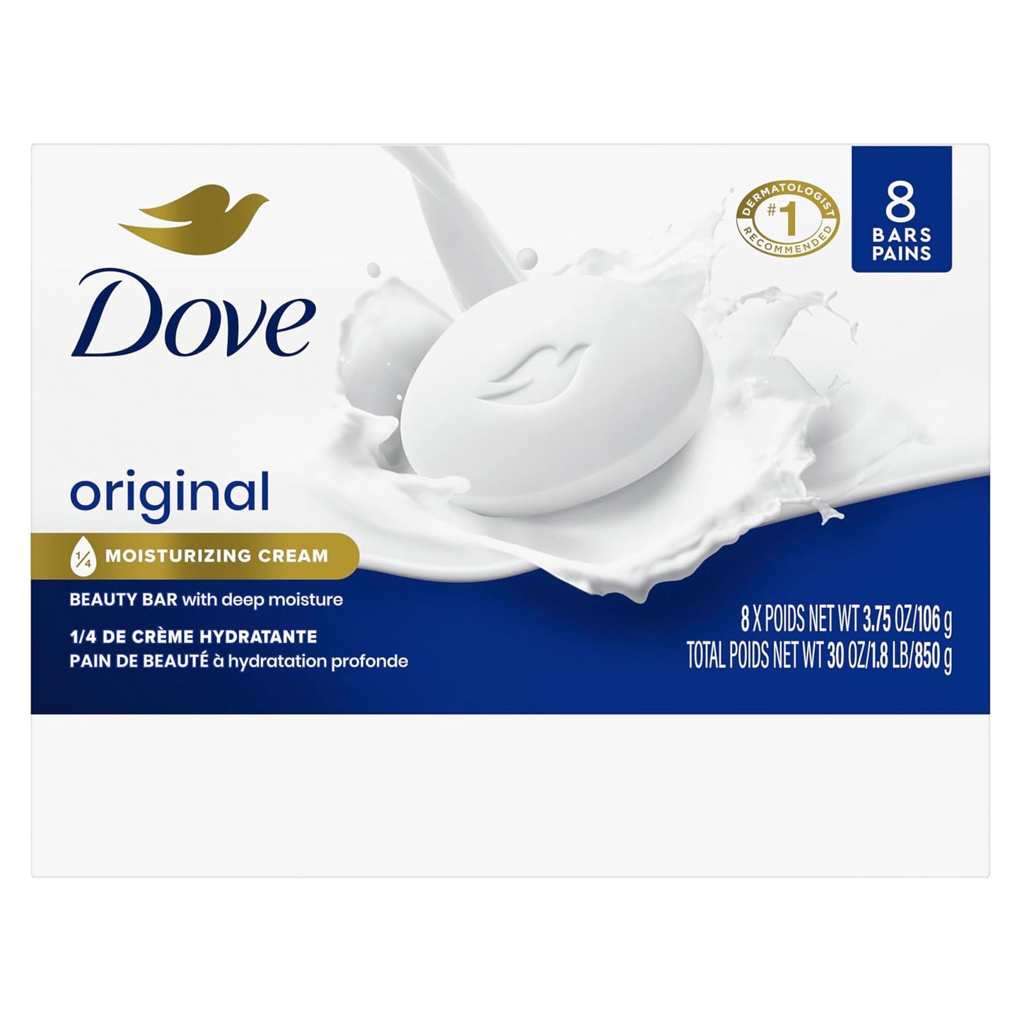 HotDove Beauty Bar Soap Original 8 Count for Soft, Smooth Skin, with 1/4 Moisturizing Cream 3.75 oz
