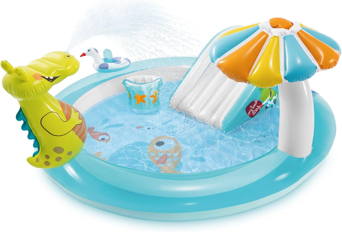 Hot INTEX Gator Inflatable Kiddie Pool: Inflatable Kids Pool with Water Sprayer and Slide – Splash Pad – 79" x 67" x 33" – Ages 3+