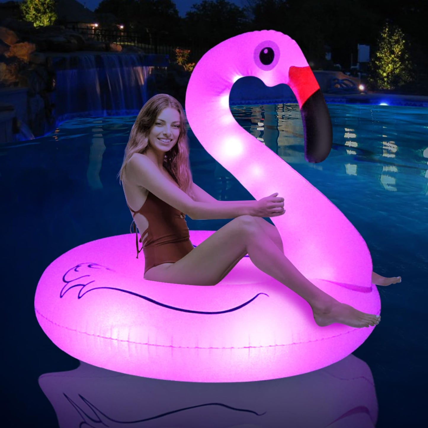 HotInflatable Flamingo Pool Floats with Lights, FlyfreeU Solar Powered Pink Pools Flamingo Float Rings, 42'' Lake Beach Floaties Swimming Rings Summer Pool Raft Lounger for Adults Water Party Supplies