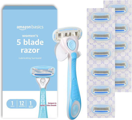 HotAmazon Basics 5-Blade Razor Handle for Women, Includes 12 Cartridges and Shower Hanger, 14 Piece Set, Blue