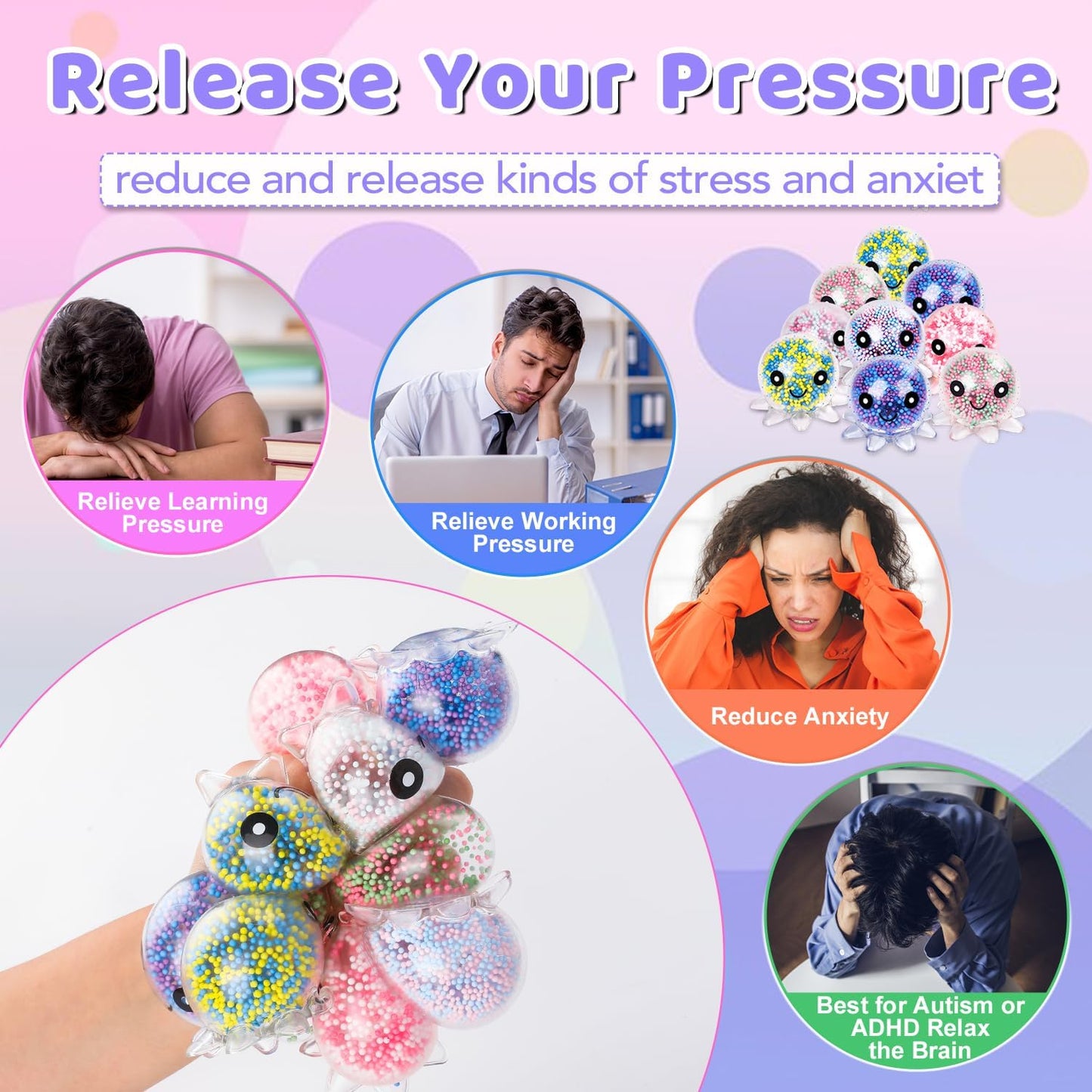 HotVESPRO 12 Pack Fidget Stress Balls for Adults, Cute Octopus Stress Ball | Stress Sensory Stress Ball, Bulk Squishy Squeeze Ball Toys Set for Classroom Prizes and Birthday Party Favors