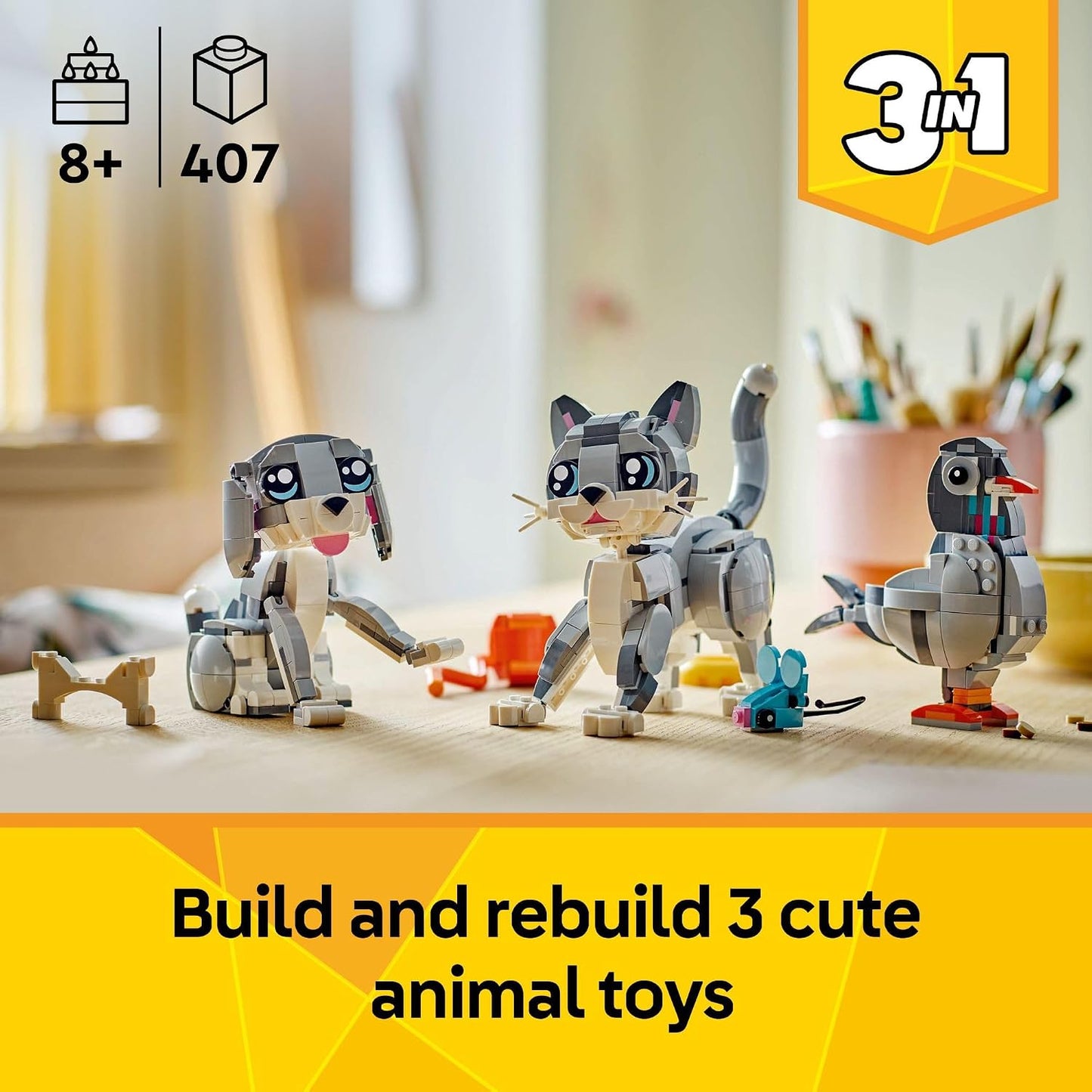 Hot LEGO Creator 3 in 1 Playful Cat Toy - Building Toy with 3 Building Options, Cat, Dog, or Pigeon - Birthday Gift for Kids - Animal Figures for Kids, Girls and Boys, Ages 8+ - 31163
